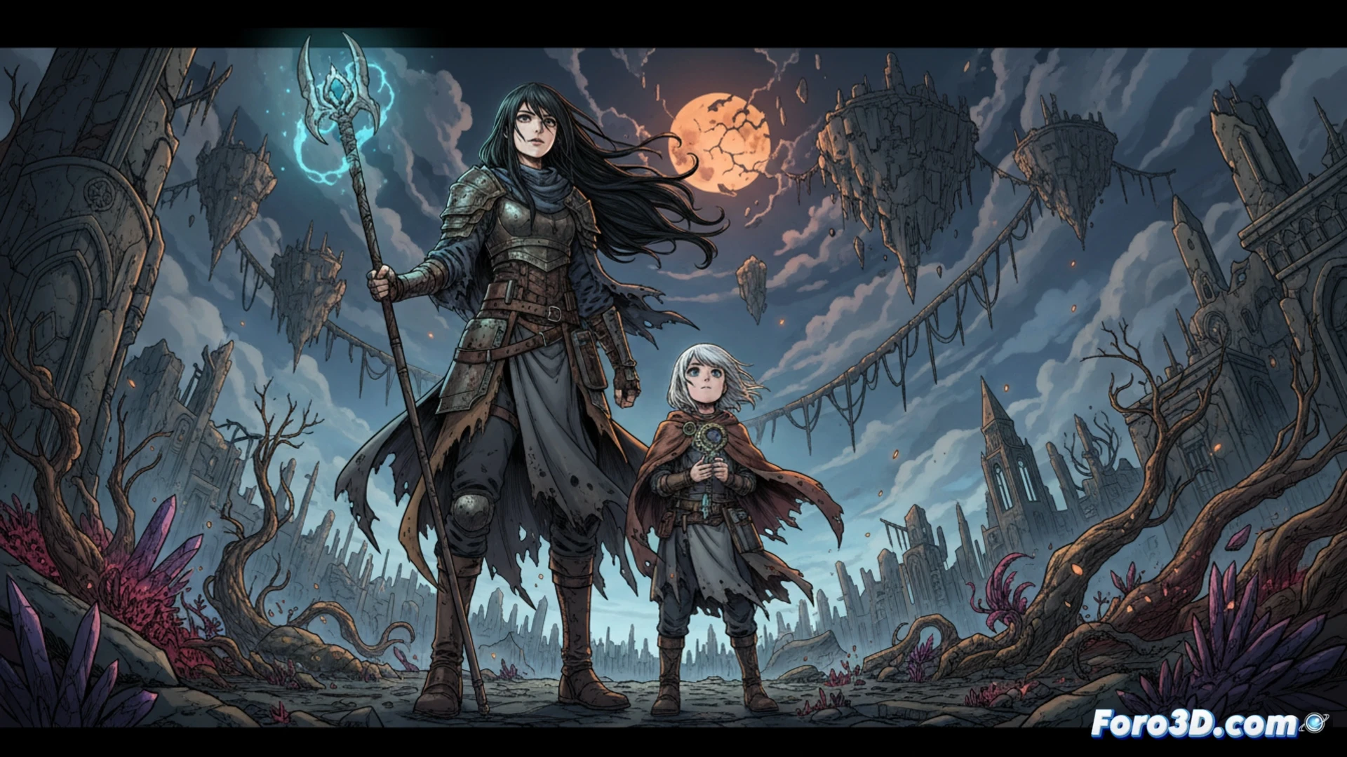 Dos hermanas exploran un paisaje post-cataclismo, con cielos fracturados y magia residual. Estilo gráfico único, fusión de manga e ilustración europea, rico en color y composición dinámica.