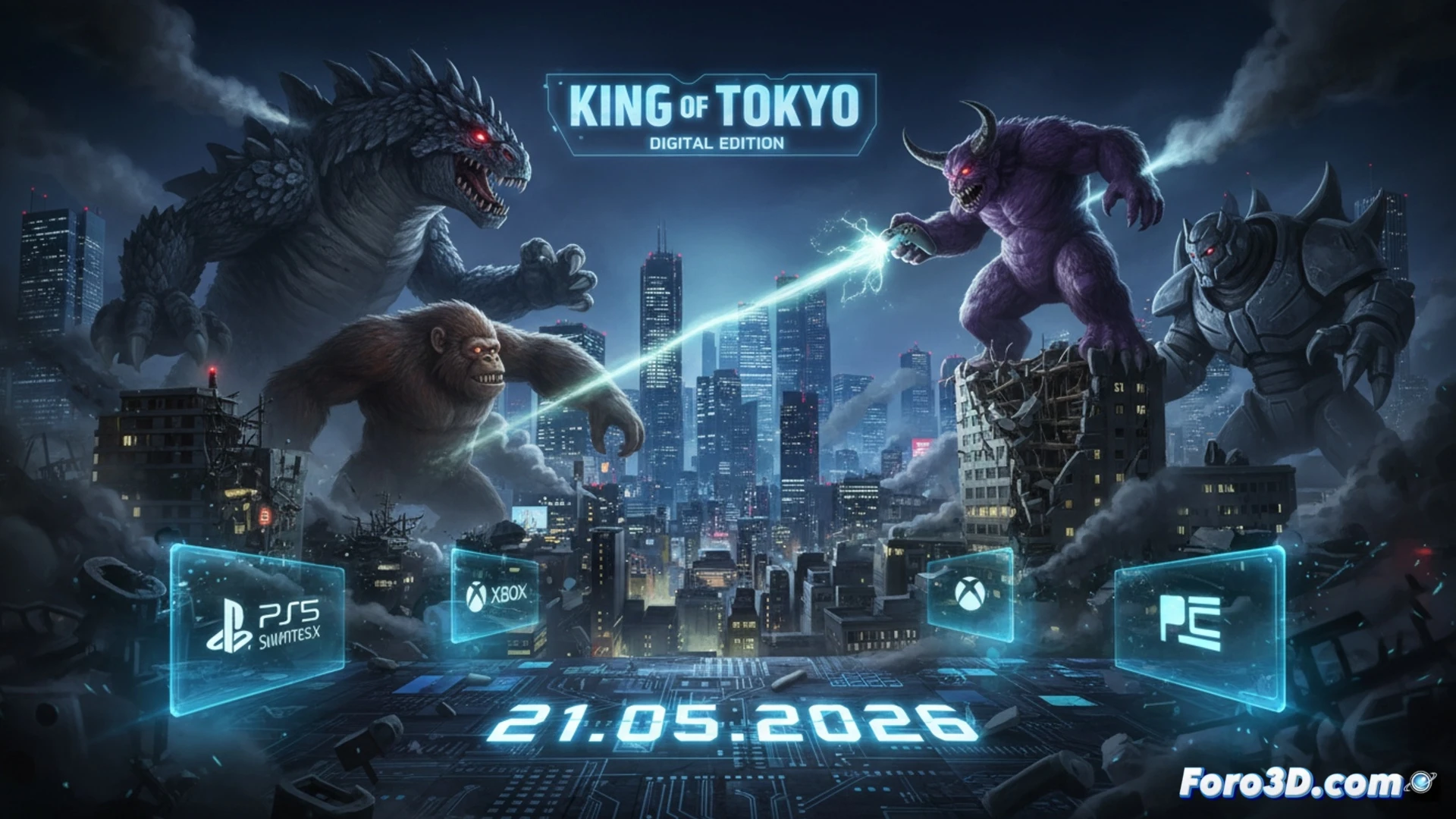 Un enorme Godzilla mecánico ruge sobre una futurista Tokio iluminada, mientras otros monstruos se alzan entre rascacielos. Consolas y un dado gigante flotan en el cielo.