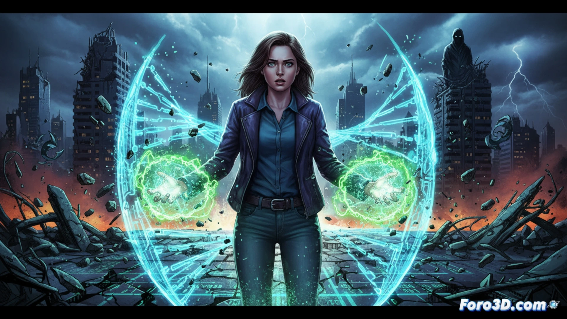 Una mujer con energía genética brillante enfrenta a figuras sombrías en una ciudad futurista, mientras héroes icónicos observan desde las alturas.