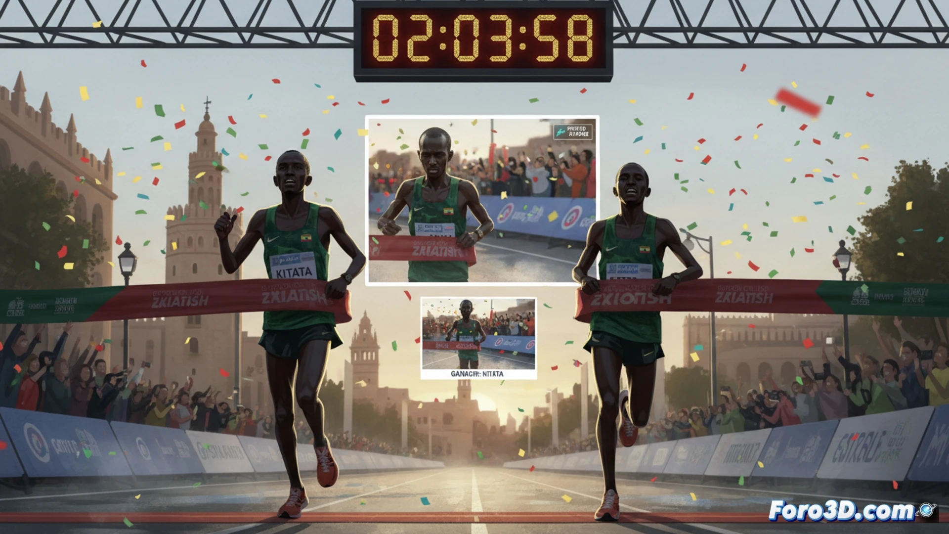 Dos atletas etíopes, hombro con hombro, cruzan la línea de meta en un final épico del Maratón de Sevilla. La victoria se decidió por la foto de llegada.