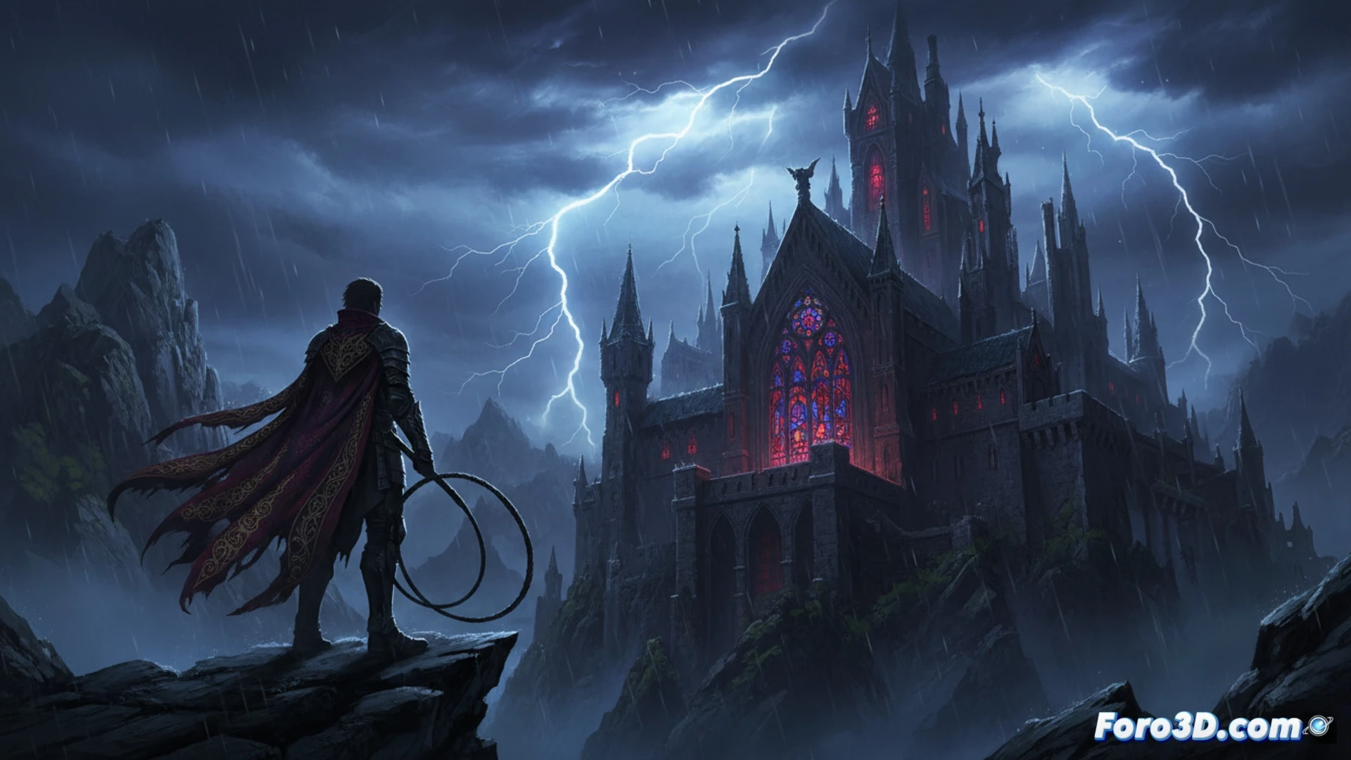 Captura de pantalla o arte promocional de Castlevania Belmont's Curse mostrando al protagonista Belmont en un pasillo gótico del castillo, con estilo visual 2.5D y enemigos clásicos de la saga.