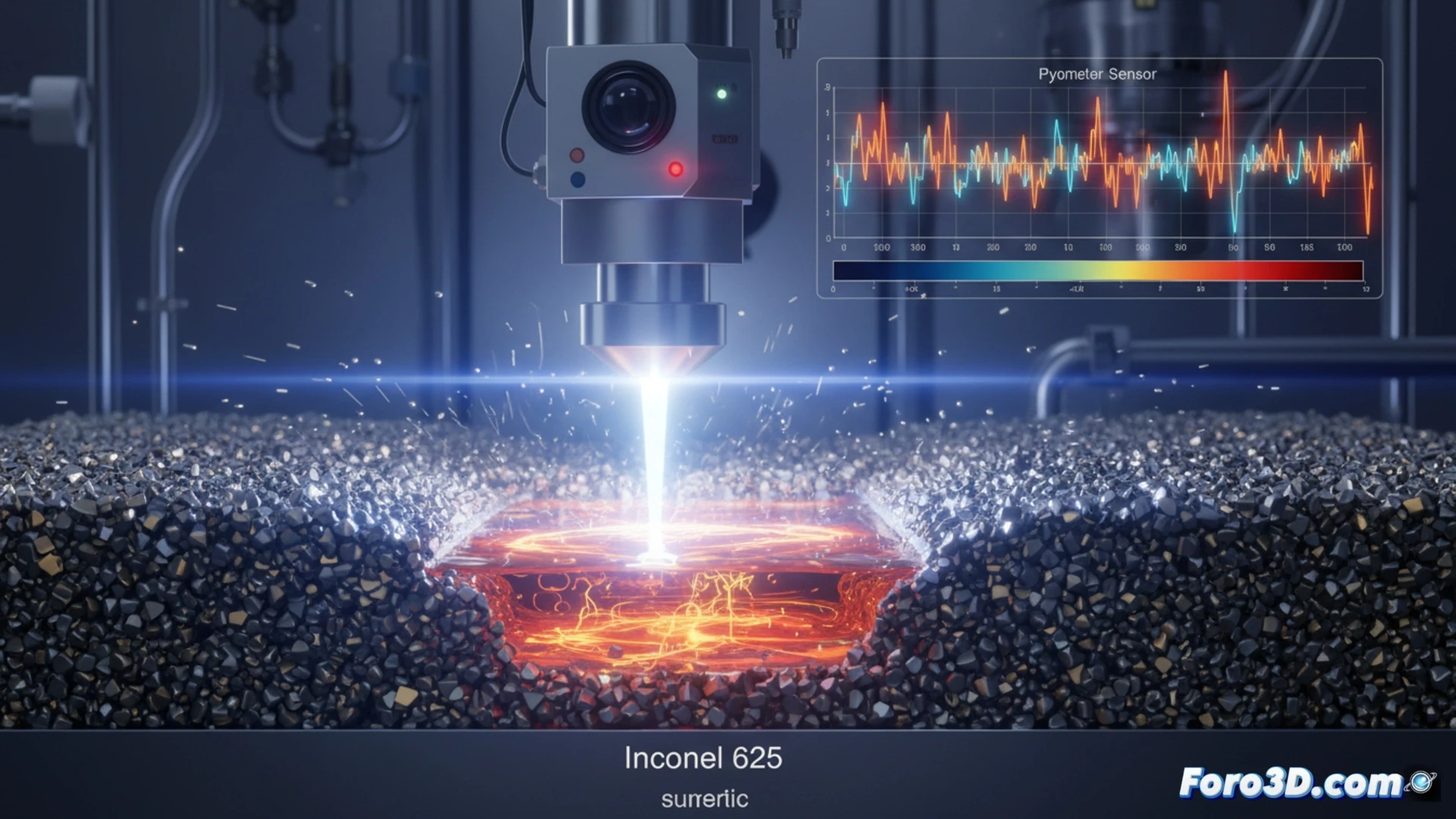 Imagen de un lecho de polvo metálico Inconel 625 bajo un láser, con gráficos superpuestos mostrando variaciones en la absorción de energía durante la impresión.