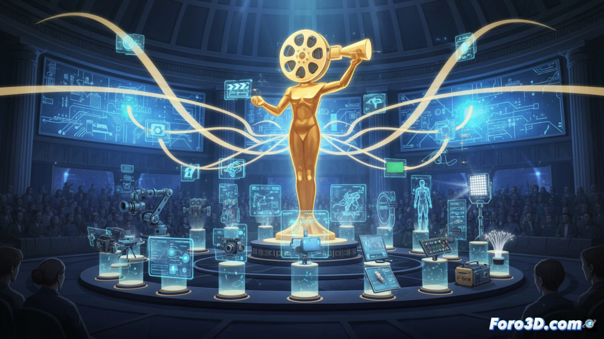 Una mano entrega una medalla sobre un fondo de circuitos y cintas de película, rodeada de quince iconos flotantes de software y hardware cinematográfico.