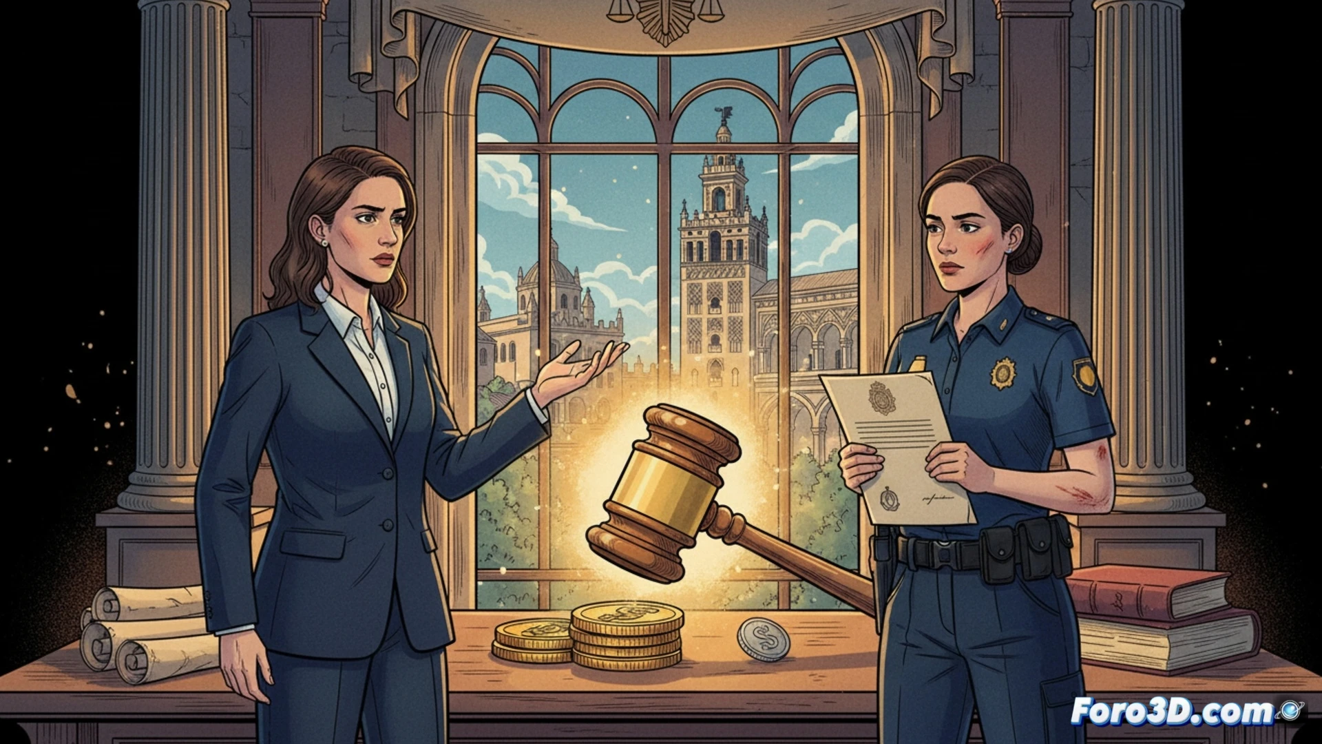 Una mujer, identificable como la actriz, forcejea con una agente de policía local en una calle sevillana de noche. La imagen transmite tensión y confrontación física.