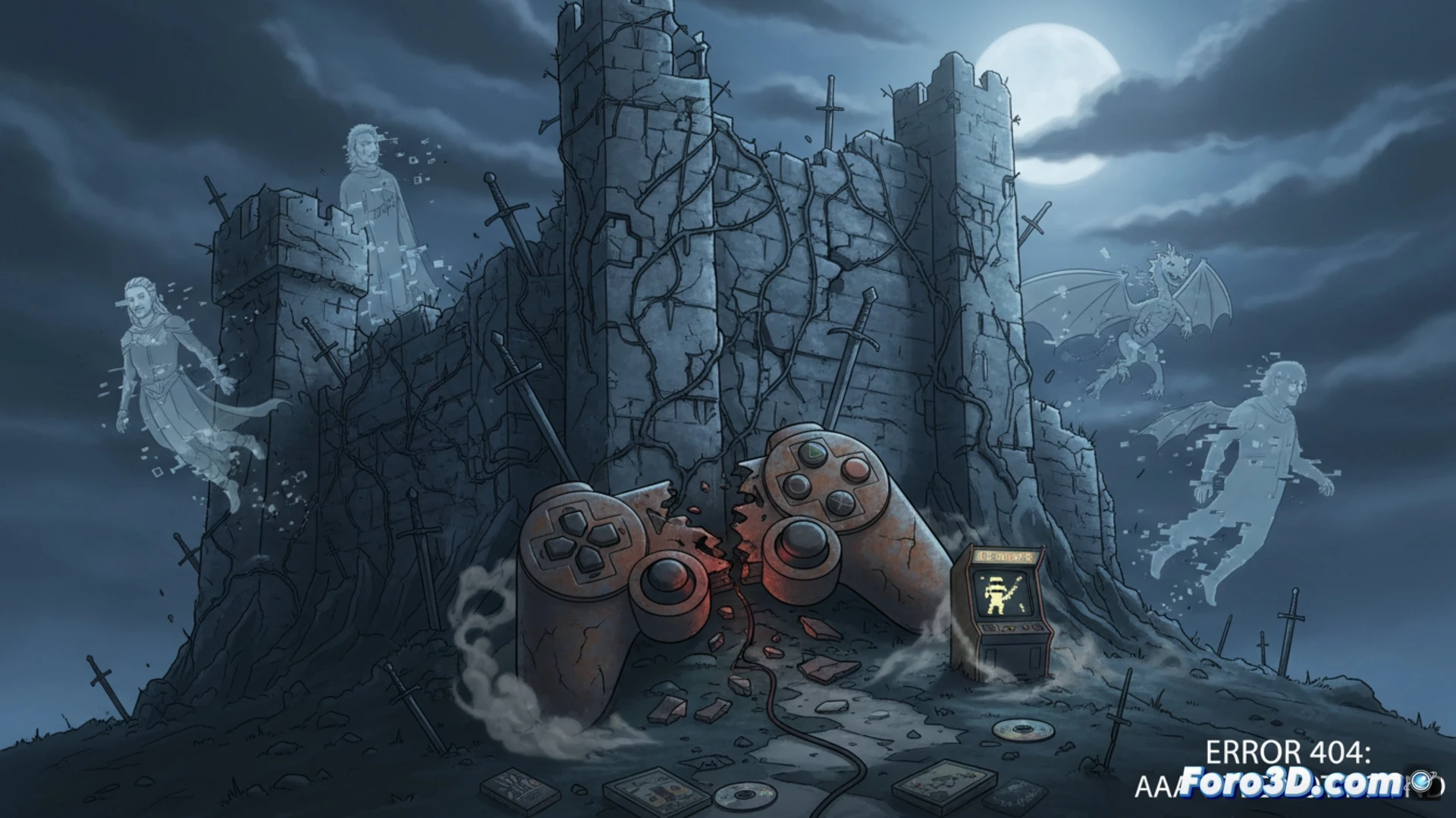 Una mesa de estrategia con piezas de casas nobles, sobre un mapa de Poniente, junto a un control de consola abandonado y polvoriento.