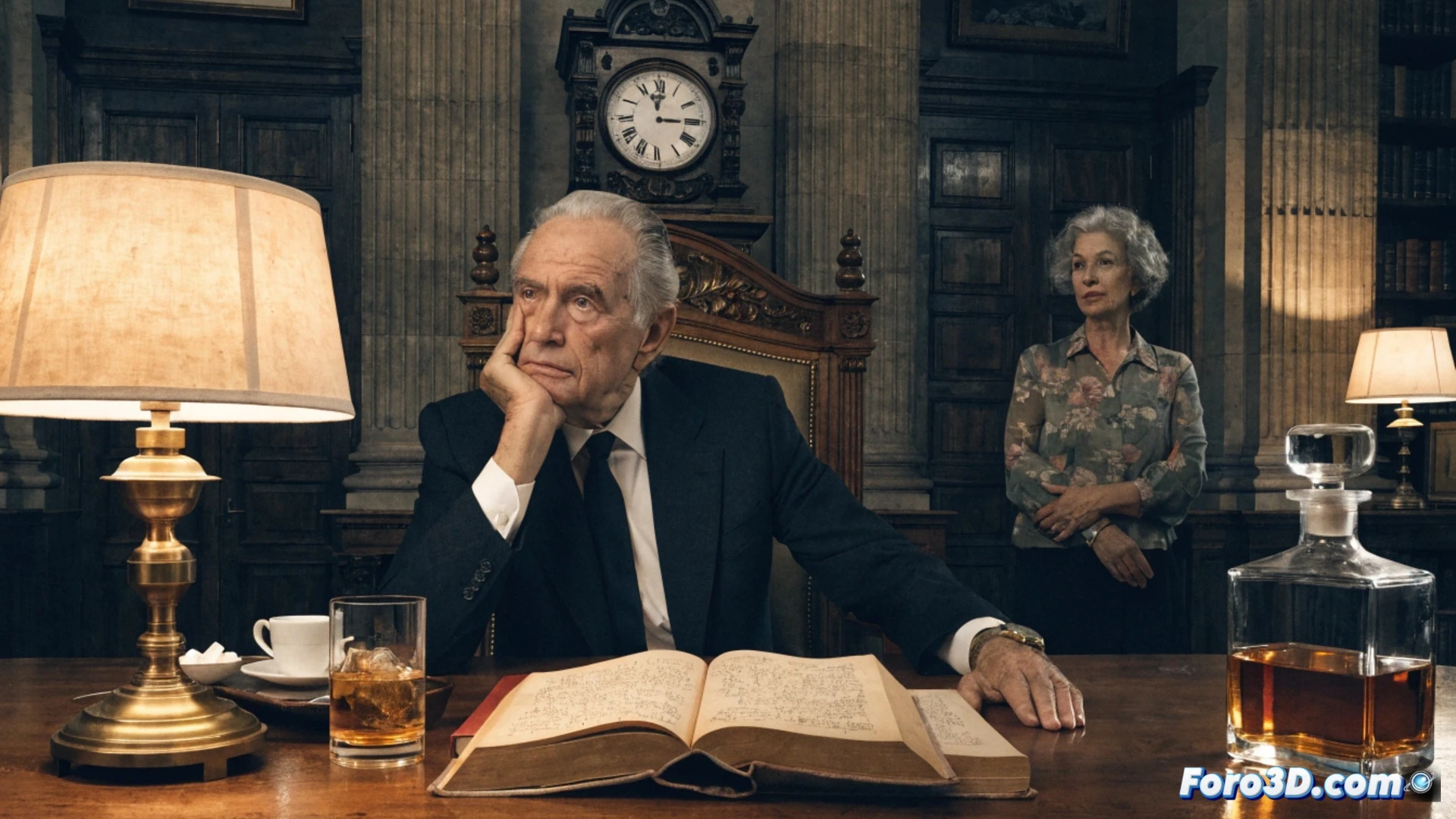 La biógrafa Laurence Debray, junto al libro 'Reconciliación', observa a un Juan Carlos I pensativo frente a una ventana, simbolizando su reflexión y deber.