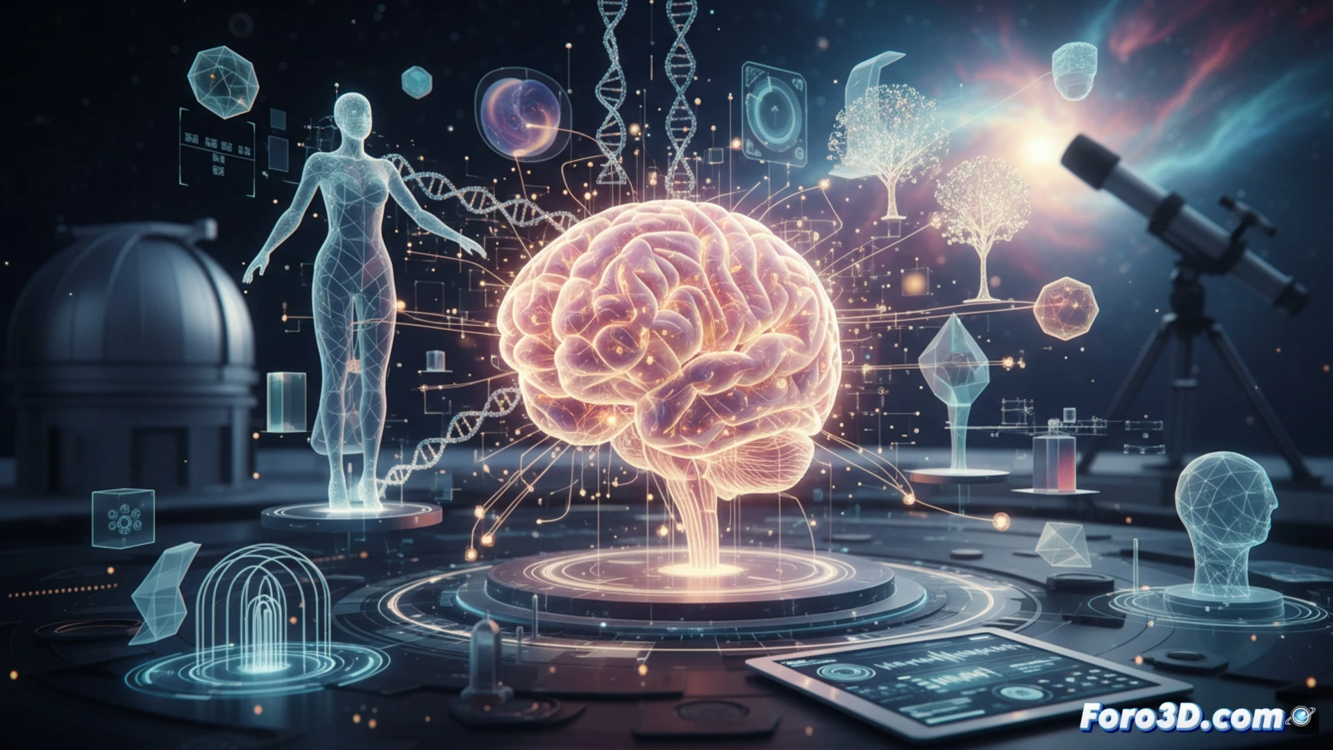 Una persona modelando en 3D, inmersa en un entorno digital que refleja calma y concentración, con gráficos de ondas cerebrales mostrando actividad neuroplástica.