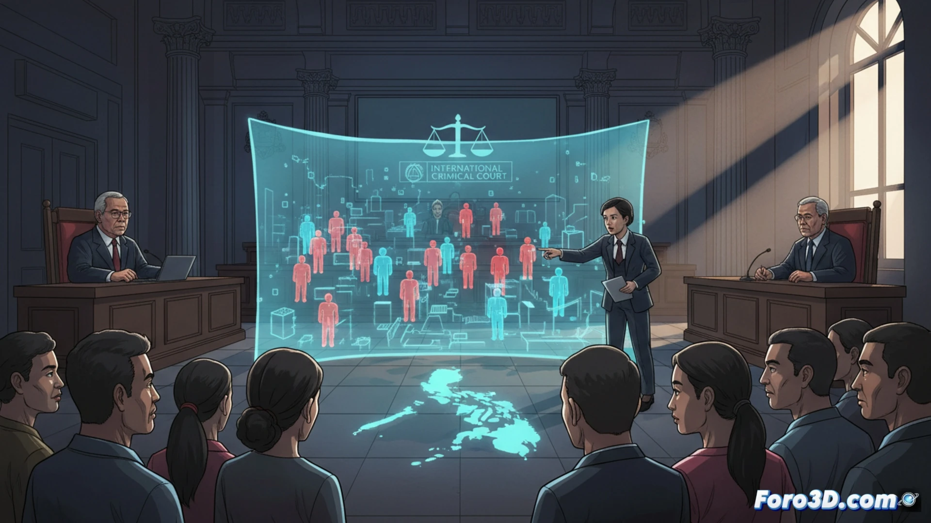 Una sala de la CPI donde un holograma 3D recrea una escena de la guerra contra las drogas en Filipinas, mientras jueces y familiares de víctimas observan.