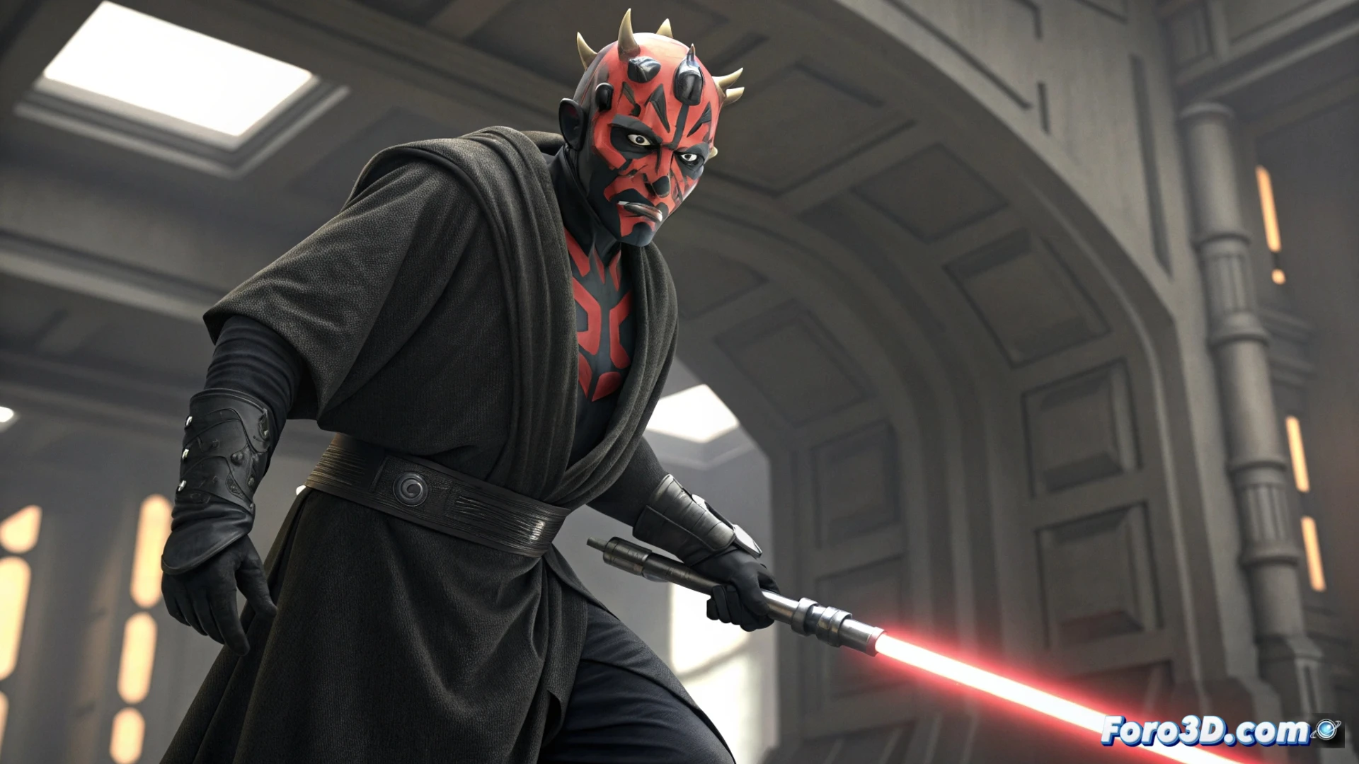 Un retrato de Darth Maul, con su icónico rostro tatuado y ojos amarillos, reflejando su evolución desde aprendiz Sith hasta señor del crimen.