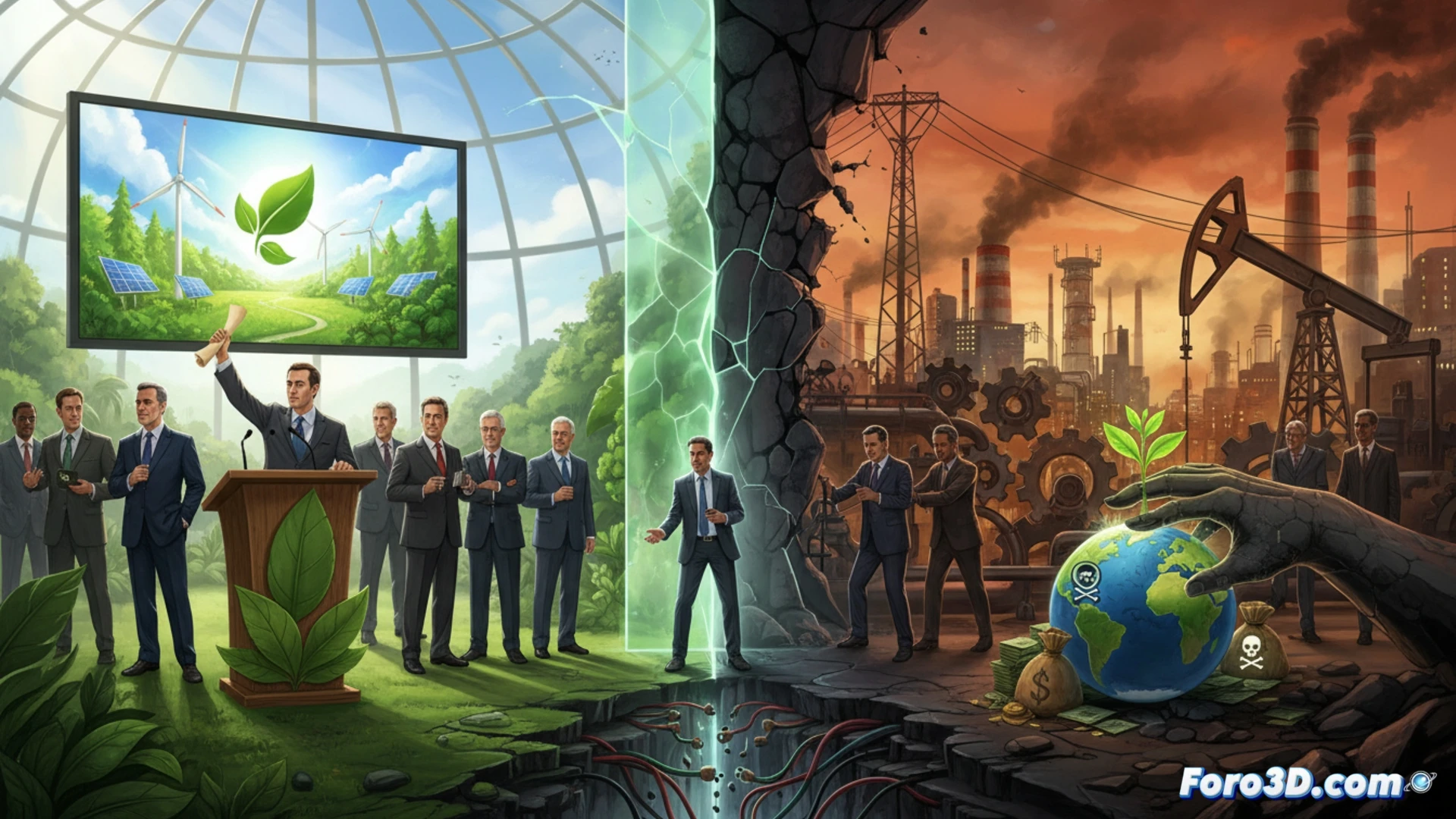 Una mano firma un pacto climático sobre un escritorio, mientras a su lado un mapa mundial muestra centrales de carbón y petróleo activas.