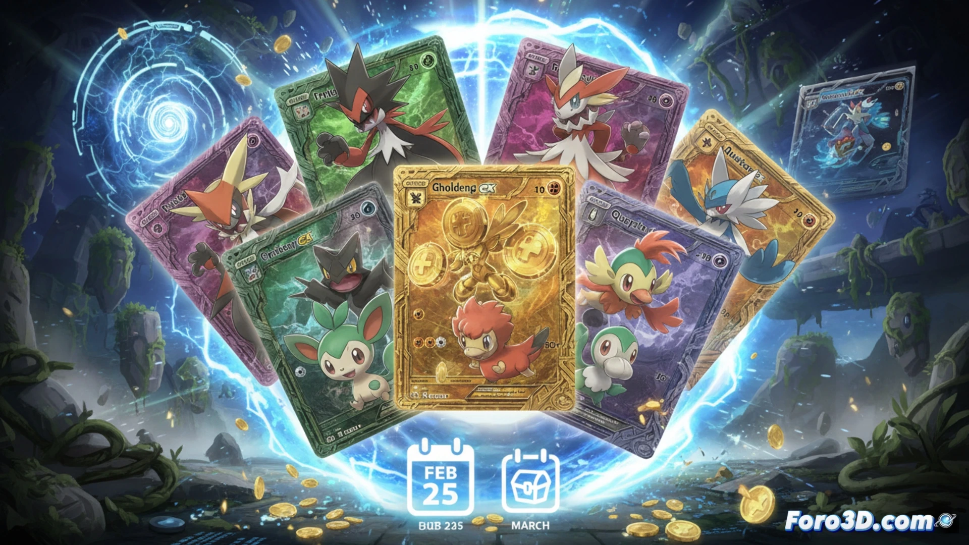 Una ilustración vibrante con Sprigatito, Fuecoco y Quaxly en primer plano, sobre un fondo de brillantes cartas de Pokémon TCG Pocket.