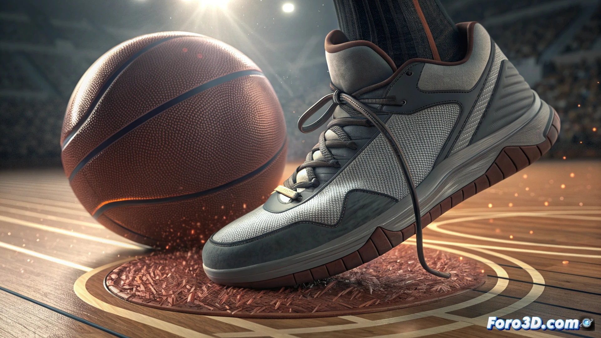 Un jugador frenando, su zapatilla deformándose contra la cancha. Flechas ilustran las vibraciones del 'stick-slip' que generan el chirrido agudo.