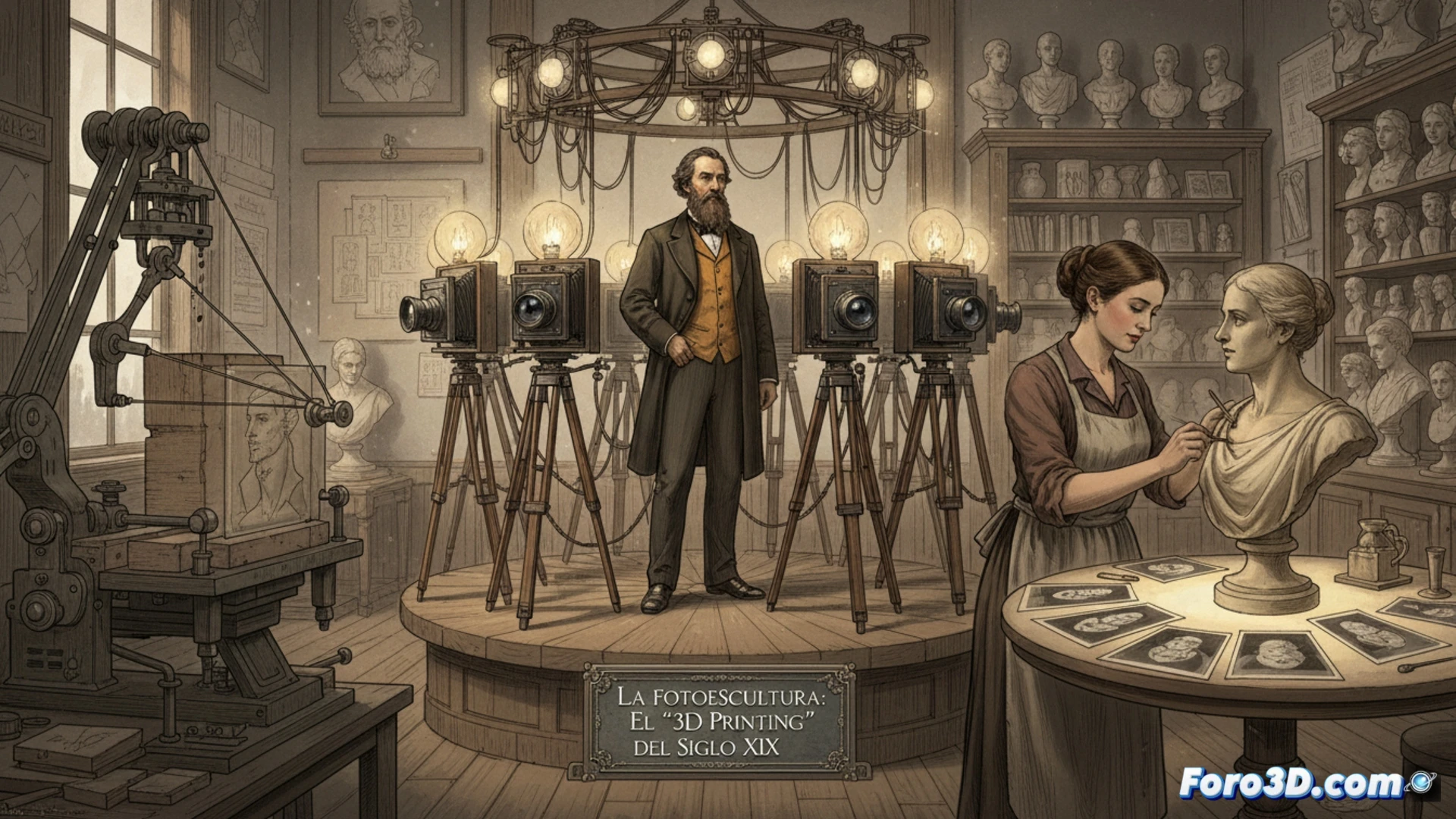 Un estudio del siglo XIX donde un cliente posa dentro de un complejo armazón circular con múltiples cámaras, capturando su imagen desde todos los ángulos para crear un busto escultórico.