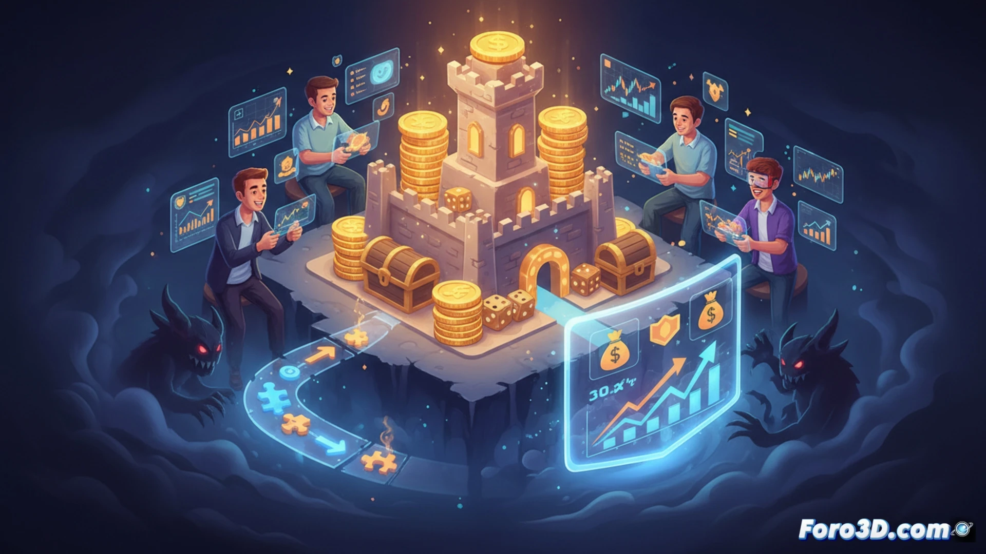 Una app de inversión con estética de videojuego, donde gráficos coloridos y medallas doradas ocultan gráficos de caídas bursátiles en segundo plano.