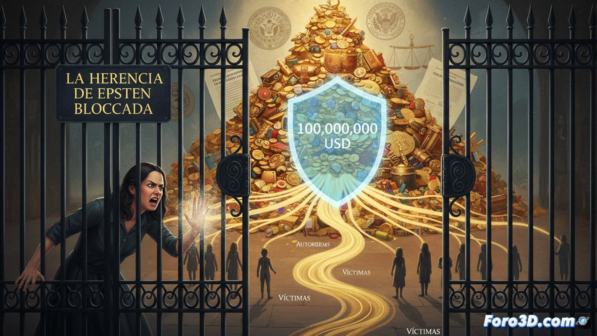 Una mujer mira un testamento bloqueado por sellos judiciales, mientras un fondo de compensación brilla al fondo.