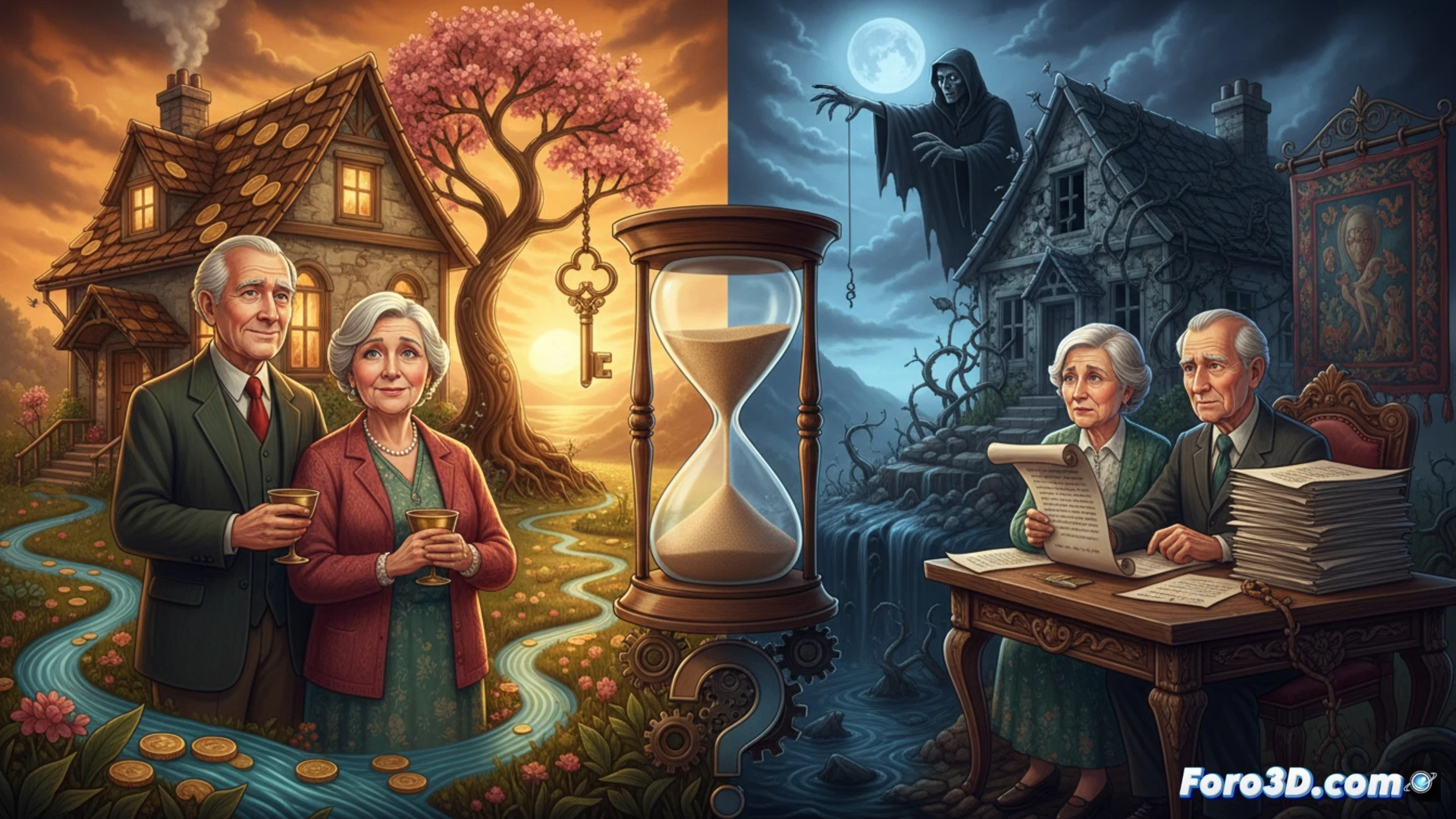 Un jubilado observa pensativo su casa, con un contrato de hipoteca inversa y facturas sobre la mesa. La escena transmite una decisión financiera crucial entre liquidez y patrimonio familiar.