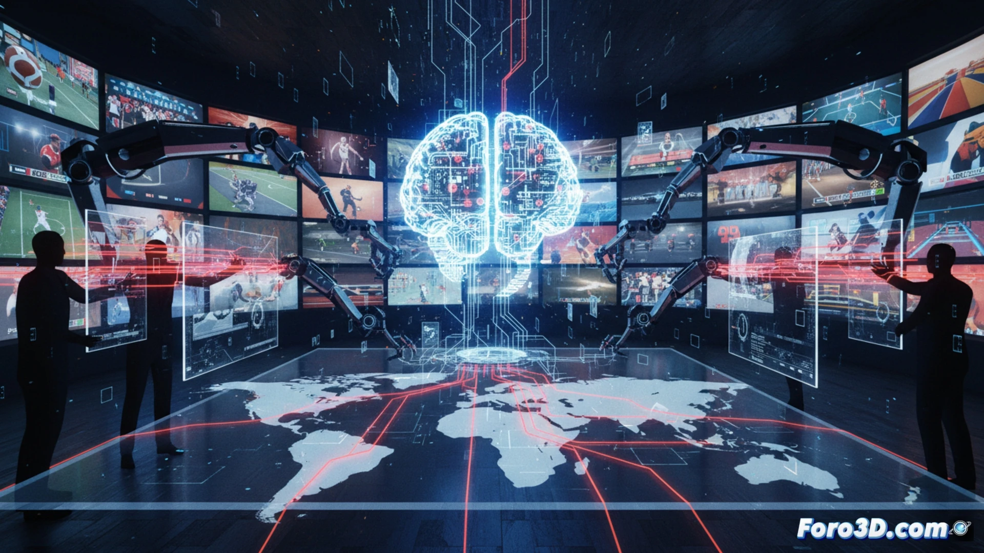 Una pantalla muestra un partido de fútbol pirateado, con iconos de IA superpuestos automatizando la transmisión ilegal en una red global de servidores.