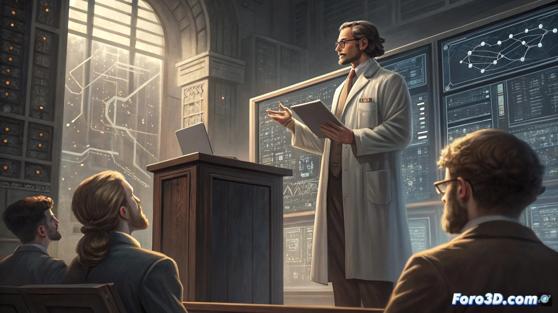 Un profesor explica a estudiantes que la IA es una herramienta más en el vasto campo de la informática, que incluye diseño de sistemas y seguridad.