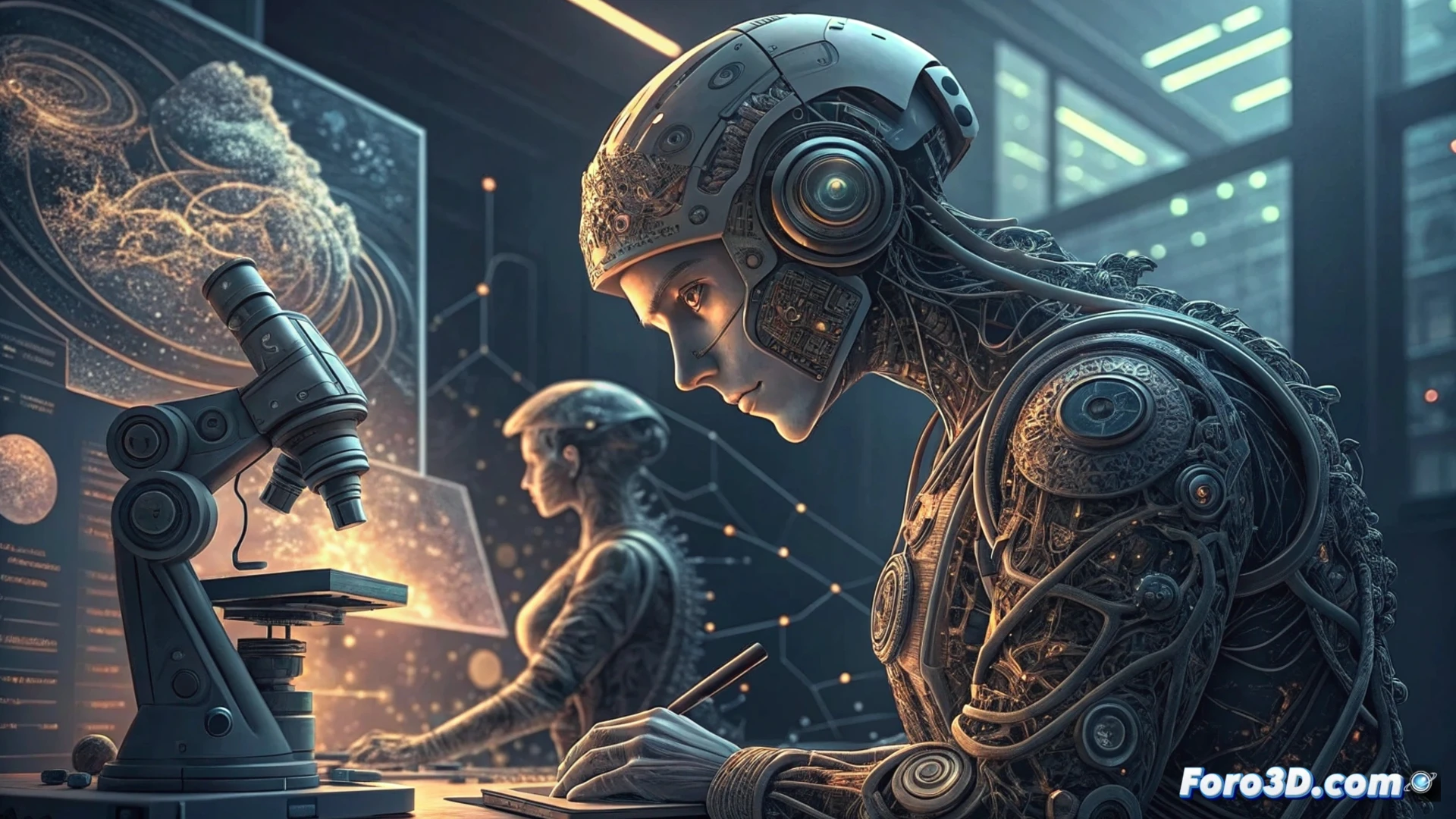 Un robot escribe ecuaciones en una pizarra a velocidad de vértigo, mientras un profesor, con tiza en mano, mira perplejo su examen ya resuelto.