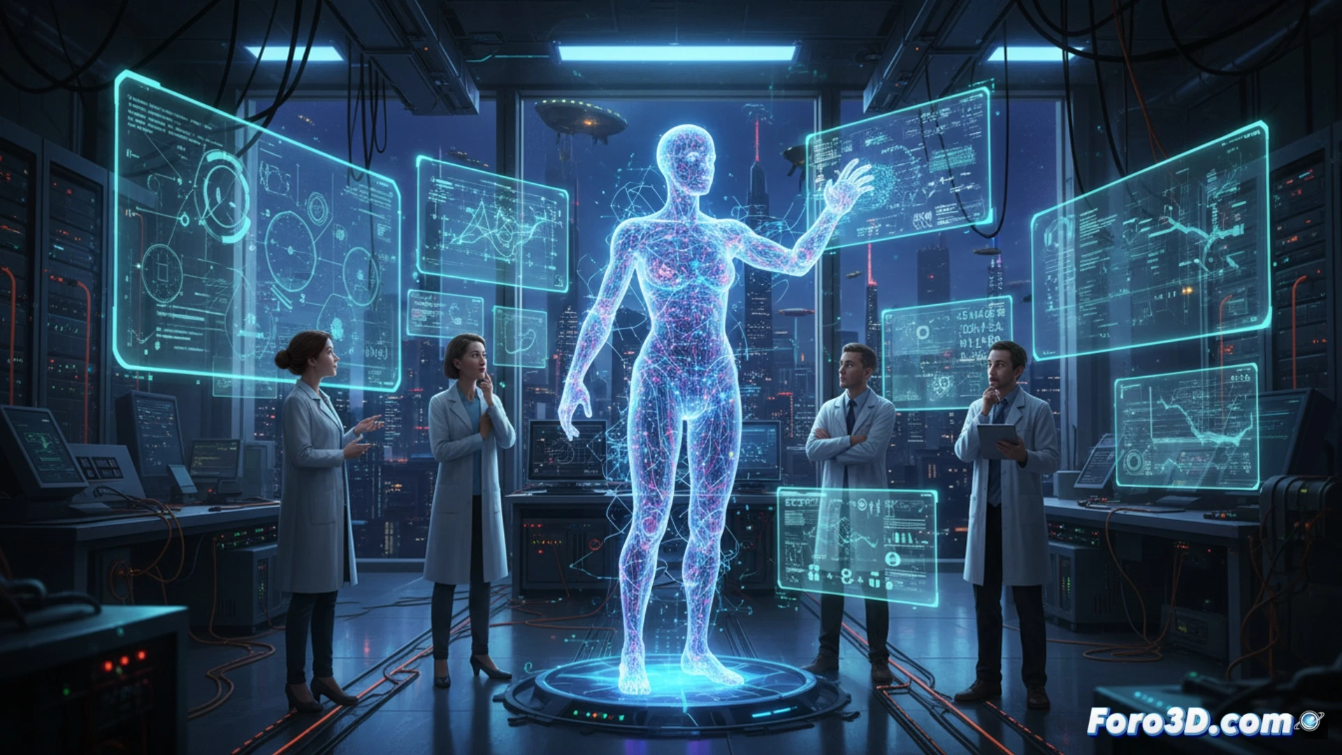 Un matemático observa ecuaciones complejas en una pizarra, mientras proyecciones de redes neuronales y estructuras topológicas se superponen, simbolizando la colaboración entre IA y pensamiento humano.