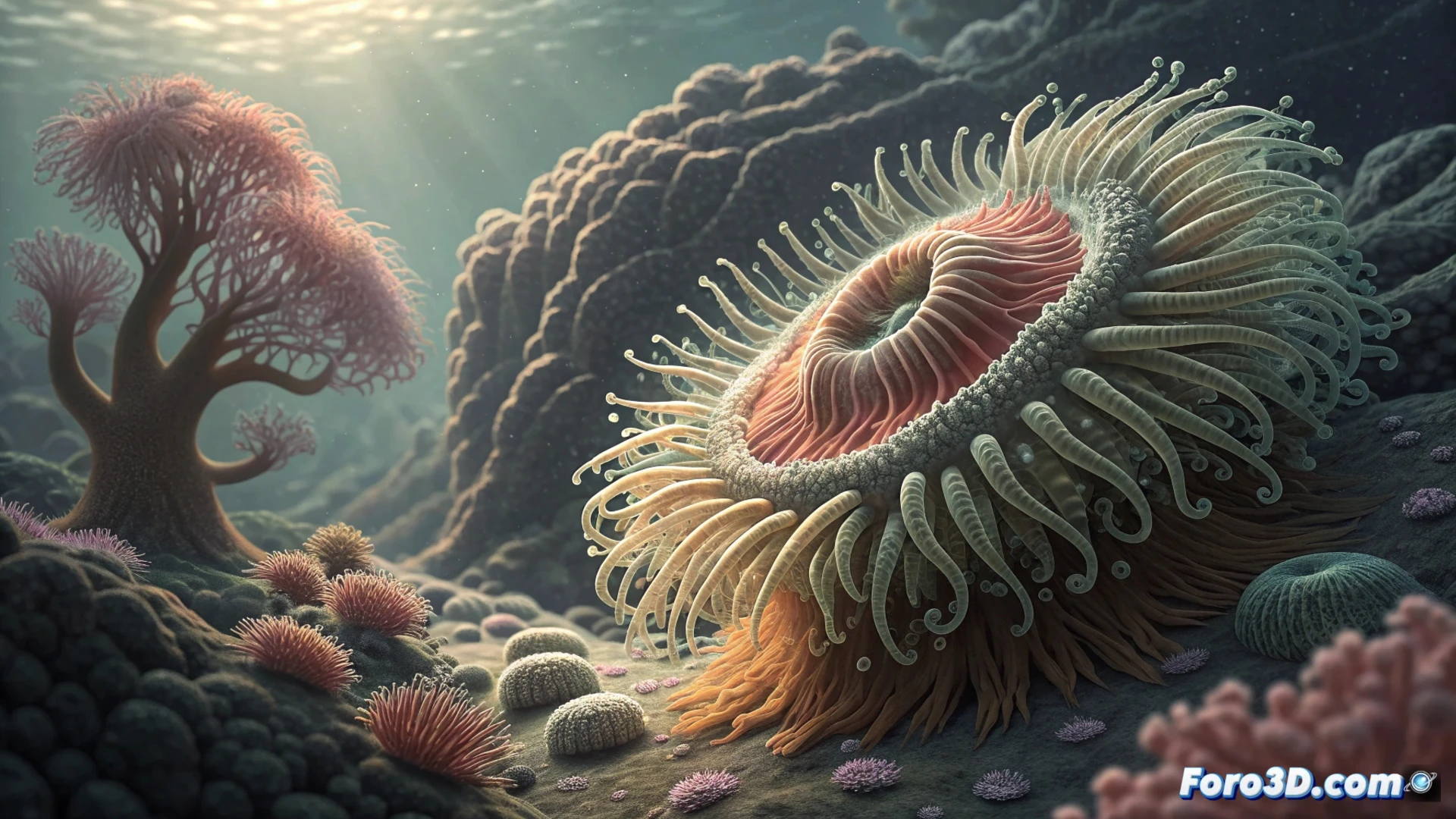 Una anémona de mar, con sus tentáculos coloridos, regenerándose a partir de un fragmento en el fondo marino.