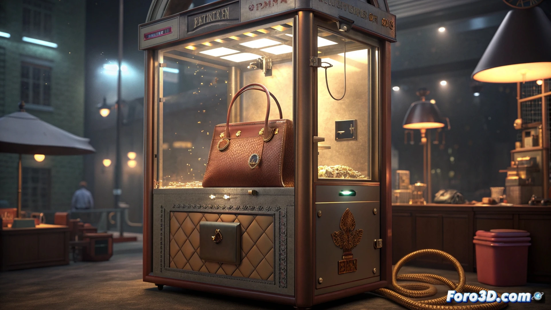 Una máquina de garra exhibe un lujoso bolso Hermès, imposible de agarrar por sus brazos manipulados, simbolizando las promesas vacías de la publicidad.