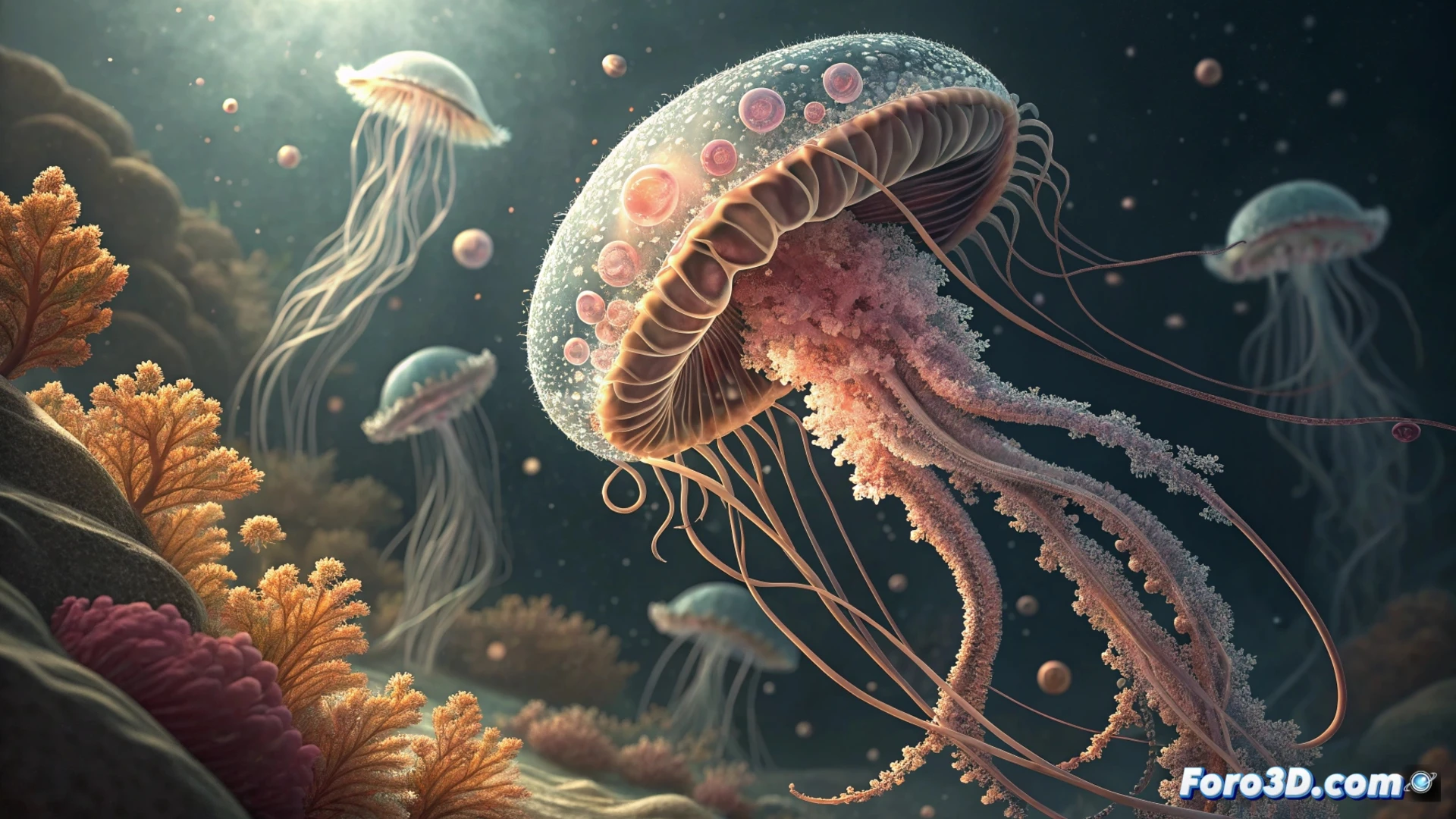 Una medusa transparente, brillante, flotando sobre un pólipo en un fondo marino azul, ilustrando su ciclo de vida reversible.