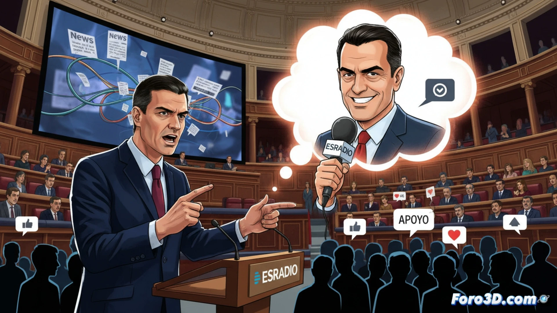 El presidente en el hemiciclo, señalando. En pantallas divididas, el periodista responde desde su plató. Gráficos de audiencia en ascenso y el término Efecto Streisand destacado.