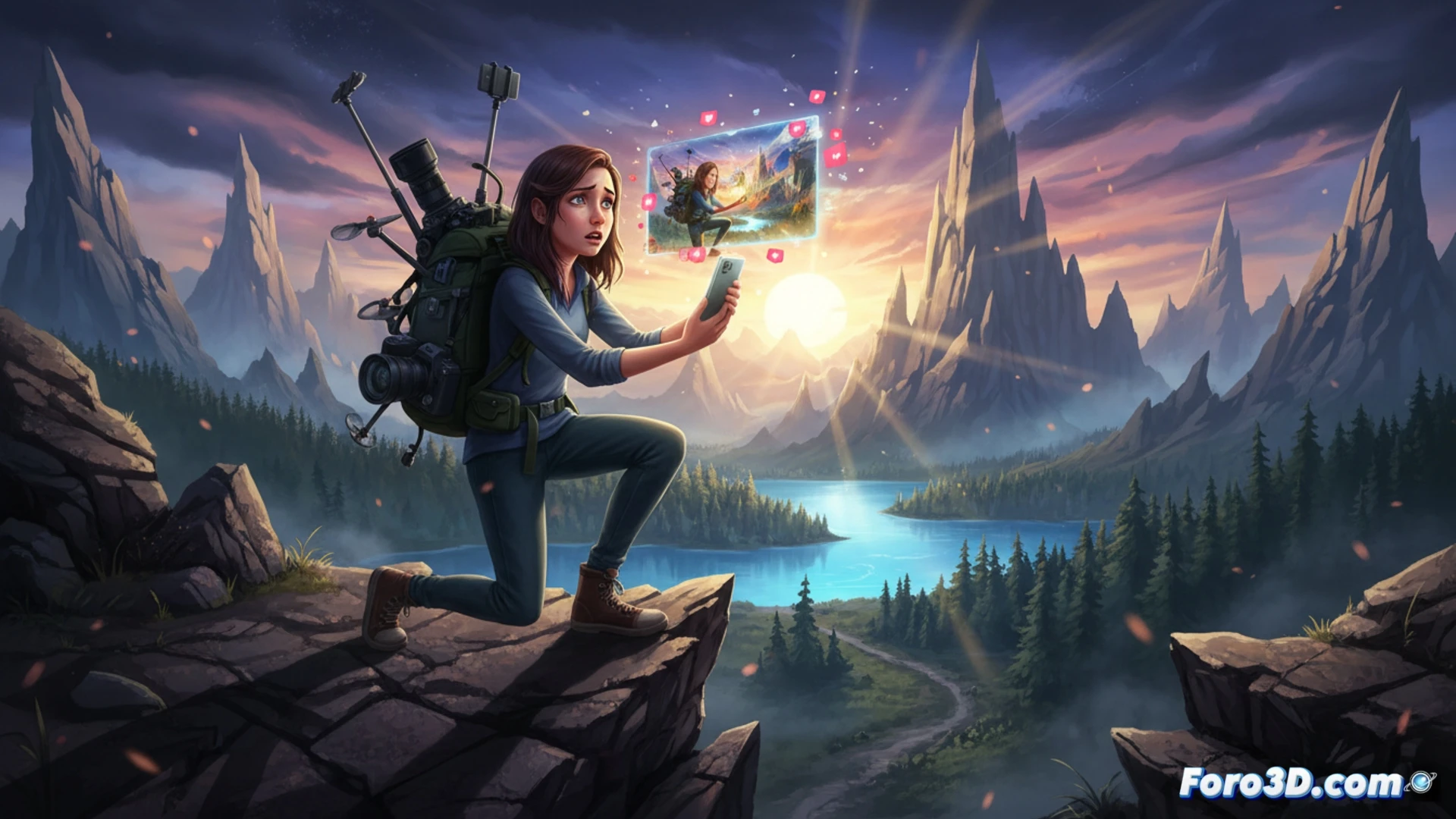 Una persona, de espaldas, observa un paisaje natural perfecto en la pantalla de su teléfono, mientras a su alrededor la realidad es más caótica y ordinaria.