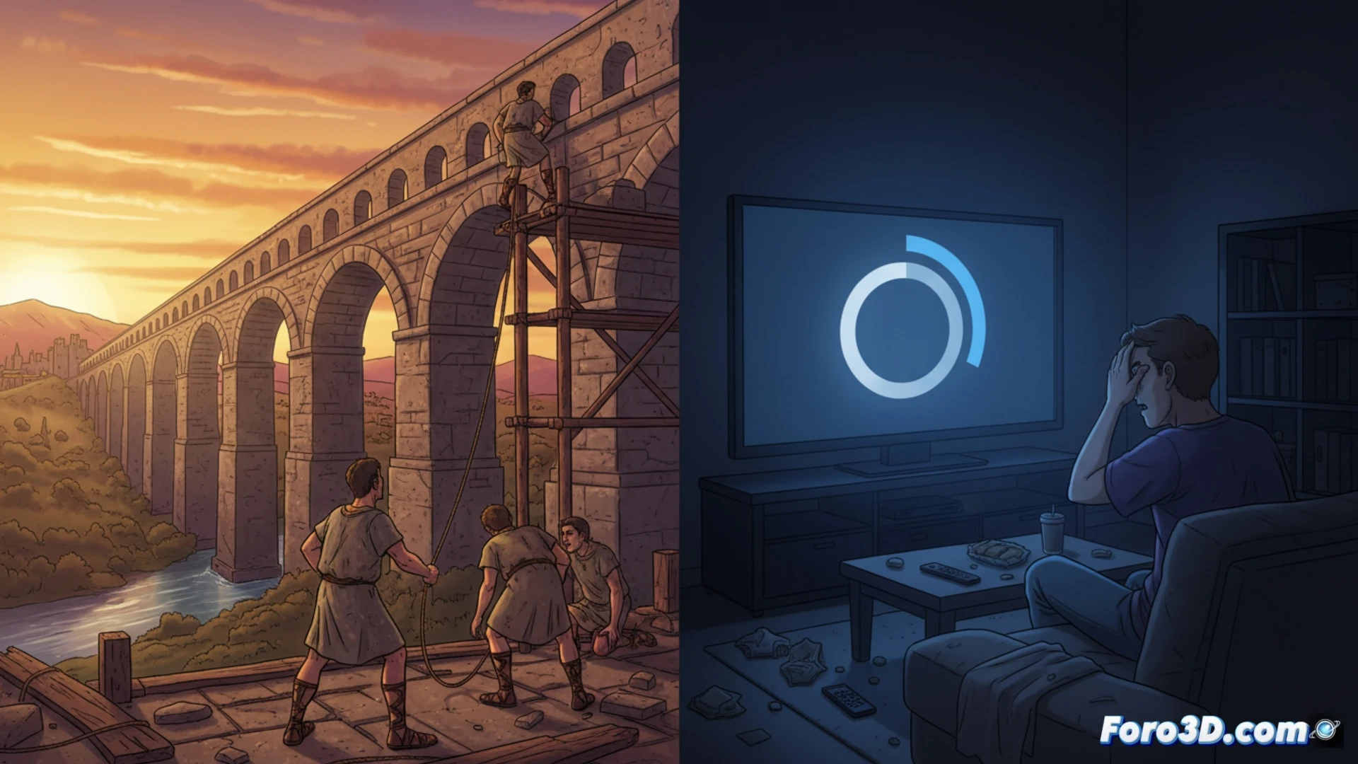 Ilustración conceptual que contrasta un acueducto romano en construcción con un icono de carga girando en una pantalla de smartphone, sobre un fondo de circuitos neuronales.