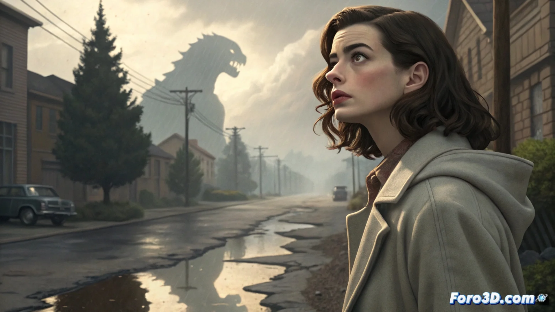 Cartel promocional o fotograma de la película Colossal, mostrando a Anne Hathaway en primer plano con la silueta de un kaiju gigante al fondo, sobre la ciudad de Seúl.