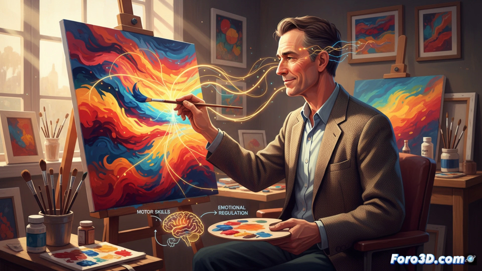 Hombre pintando en caballete tras un ictus, con concentración serena. La luz ilumina su rostro y el lienzo, simbolizando la reconexión neuronal y la esperanza en su recuperación.