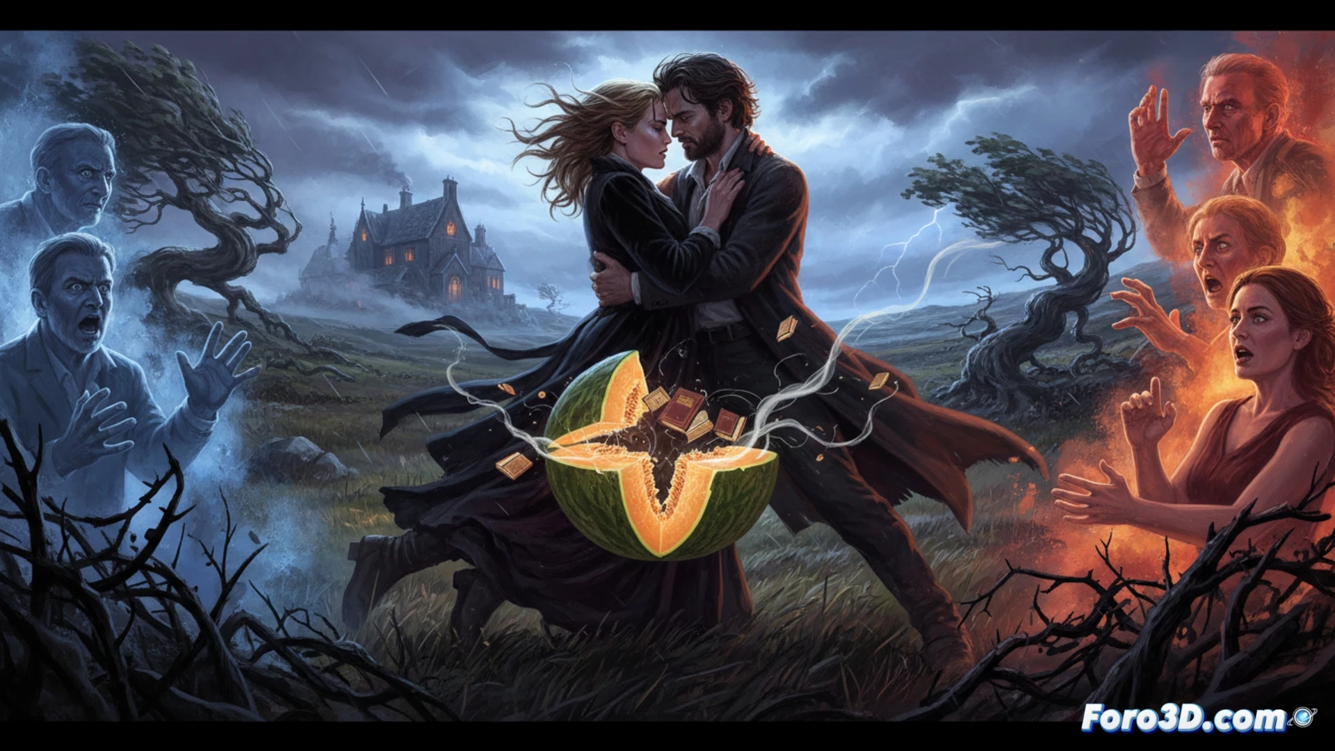 Una pareja en un páramo, con miradas intensas y ropas desordenadas, reflejando una pasión tormentosa y sexualizada.