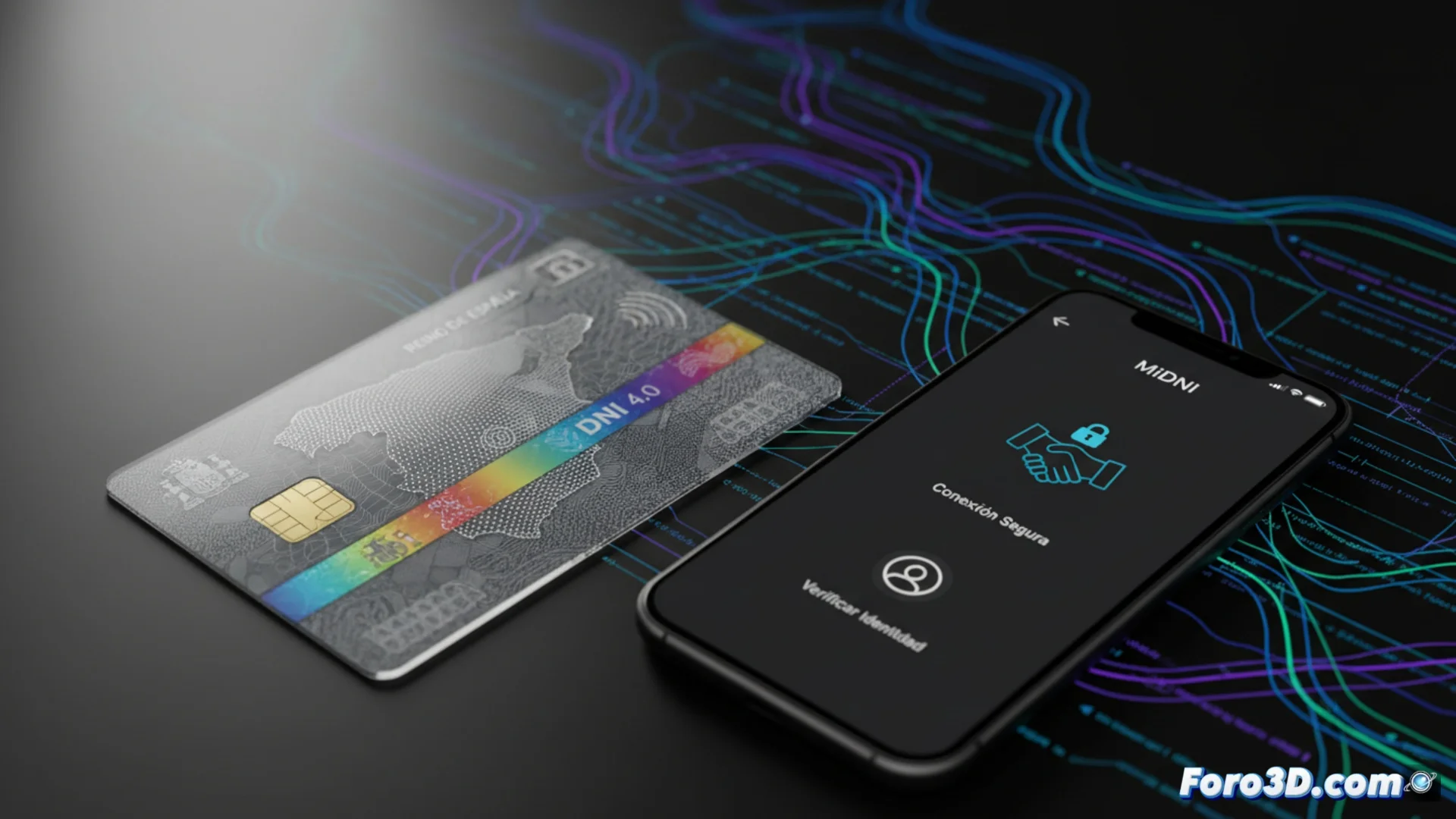 Imagen representativa del nuevo Documento Nacional de Identidad 4.0 español, mostrando su diseño y el chip electrónico integrado, sobre un fondo de seguridad digital.