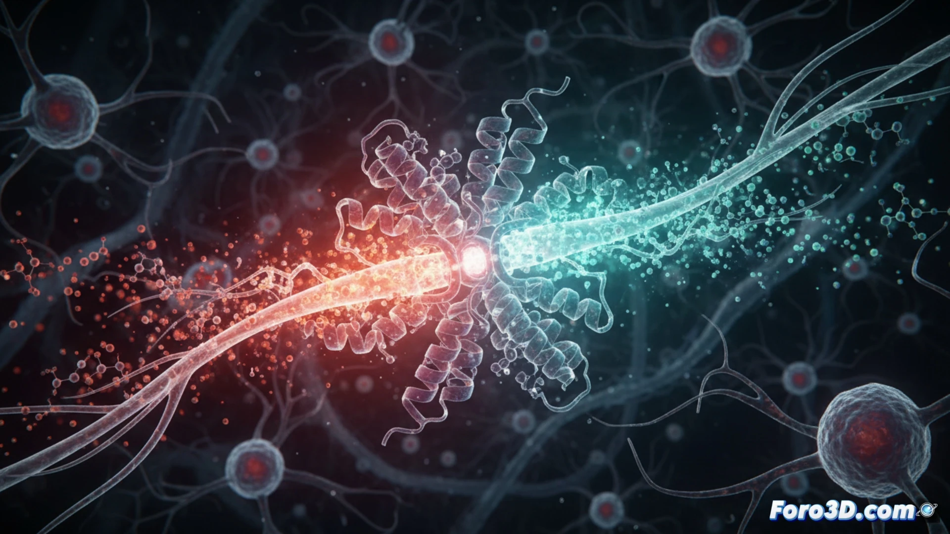 Célula nerviosa con proteína TRPV4 emitiendo dos señales: una de picor (roja) y otra de parada (azul), en un entorno biológico.