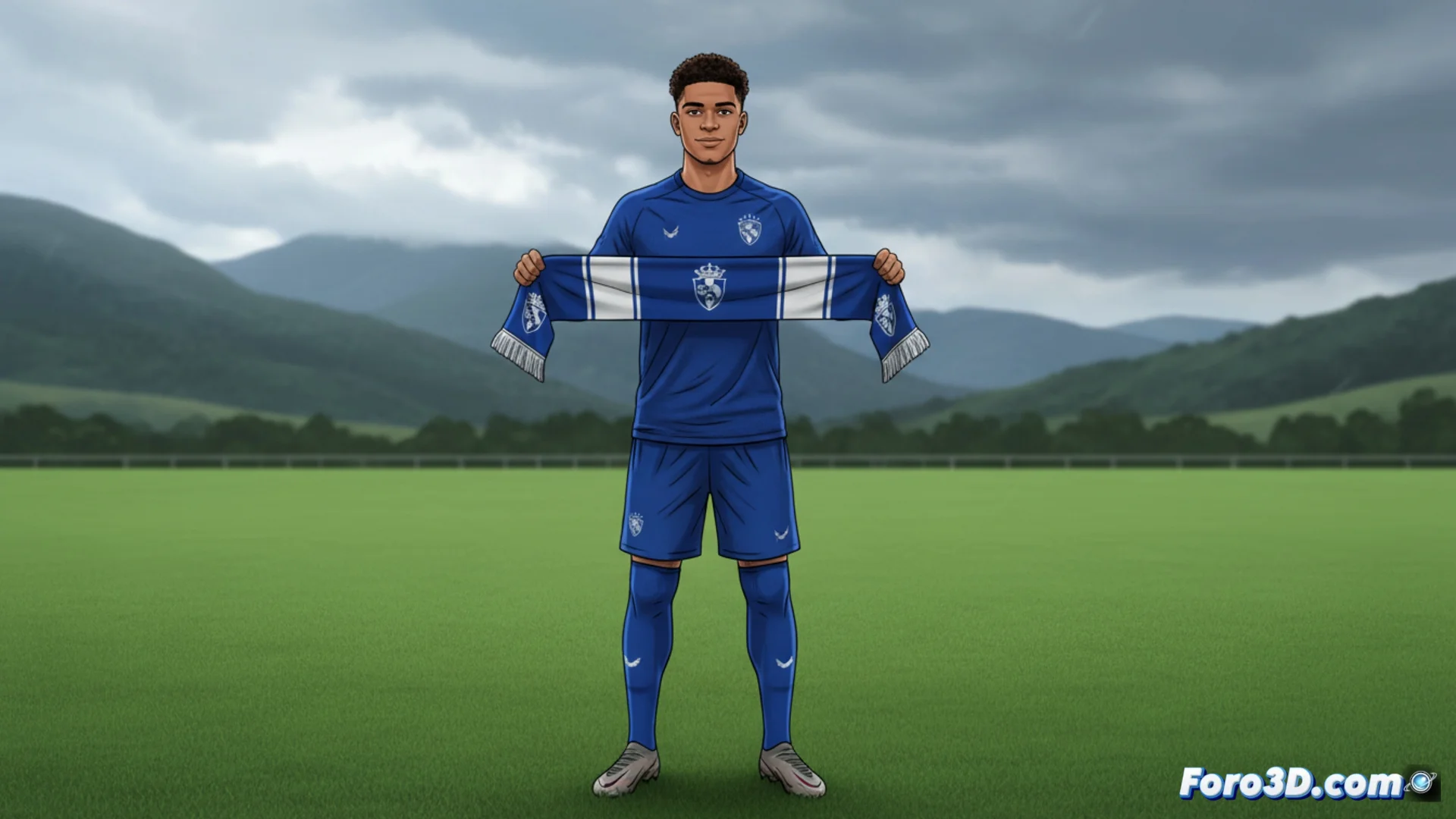 Wesley Gassova viste la camiseta de la Real Sociedad en una imagen de presentación, posando en el campo de entrenamiento de Zubieta.