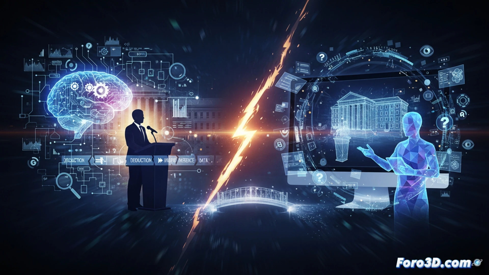 Un cerebro con engranajes y un modelo 3D de un edificio, fusionando lógica y reconstrucción digital en una escena abstracta.