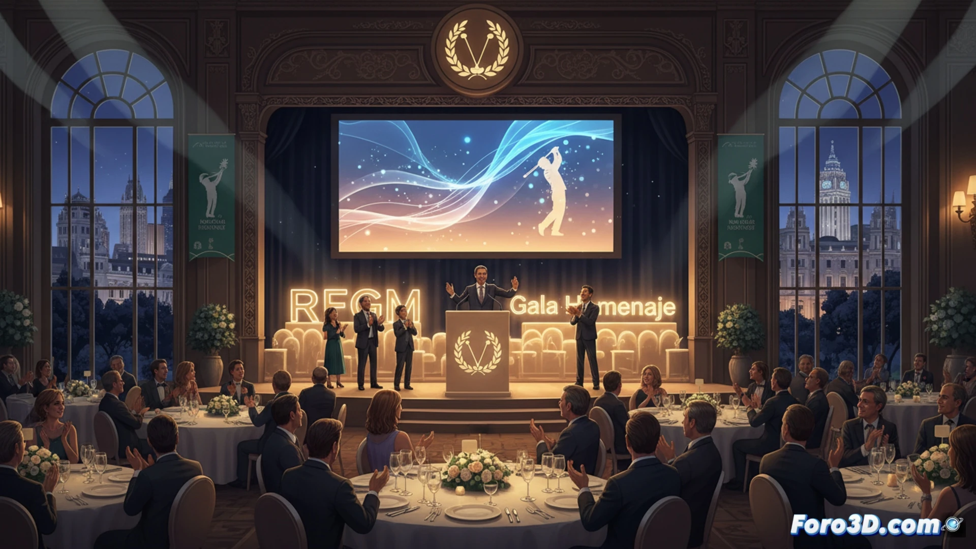 Elegante gala en un club de golf, con figuras del deporte reunidas en torno a la presidenta de la federación, celebrando el crecimiento de los federados madrileños.