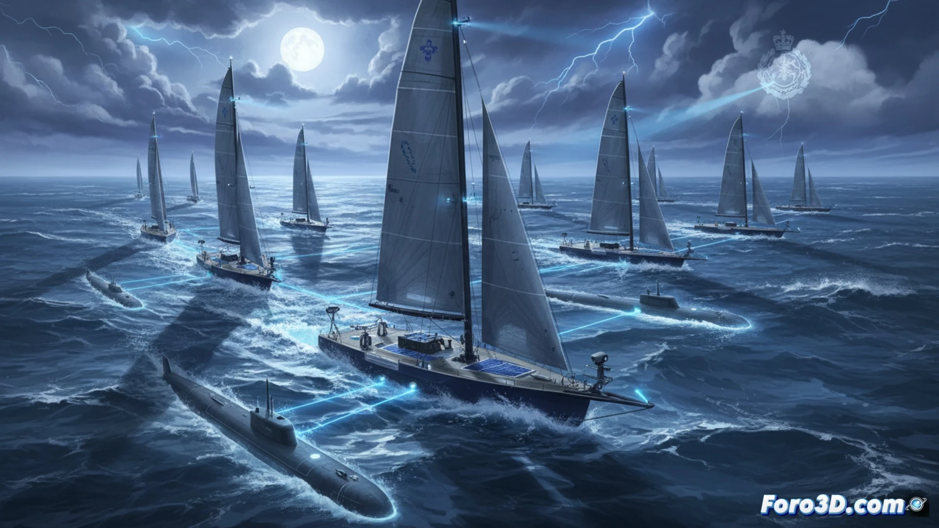 Veleros robot blancos navegando en formación, con paneles solares y sensores, en un mar abierto.