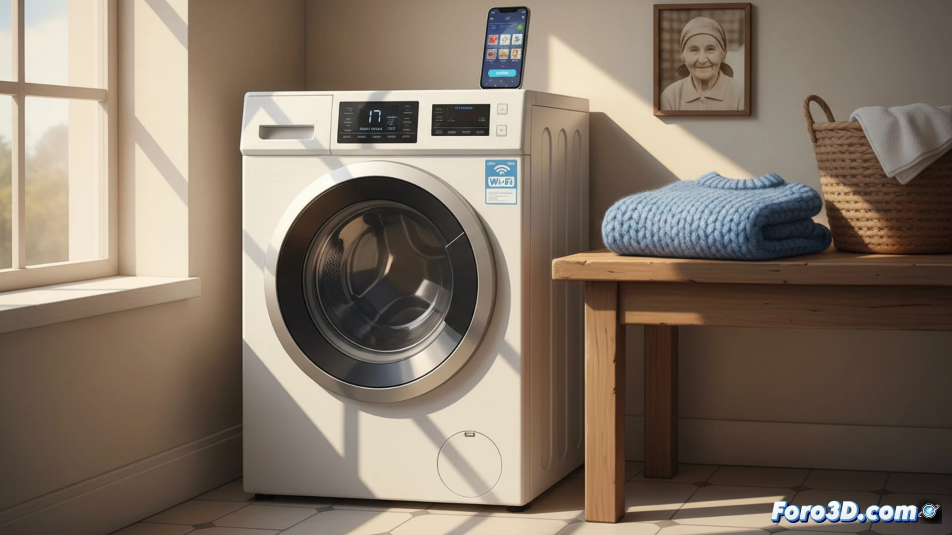 Ilustración moderna que contrasta una escena de lavado tradicional manual con una lavadora inteligente conectada a una red wifi, simbolizando la fusión entre el conocimiento heredado y la innovación tecnológica.