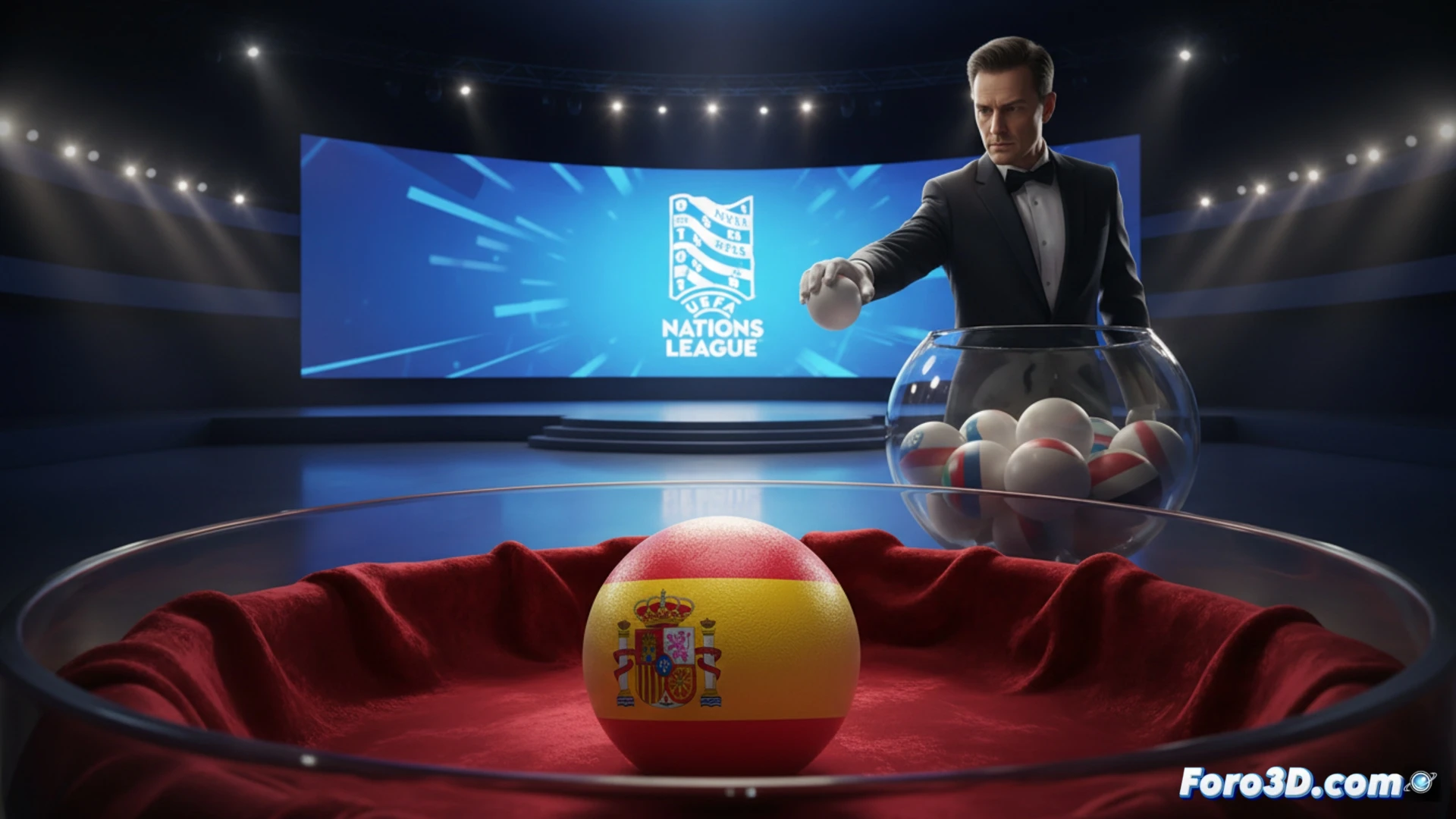 La selección española de fútbol masculina espera el sorteo de la Liga de Naciones 2026-2027 con el escudo de la UEFA de fondo.