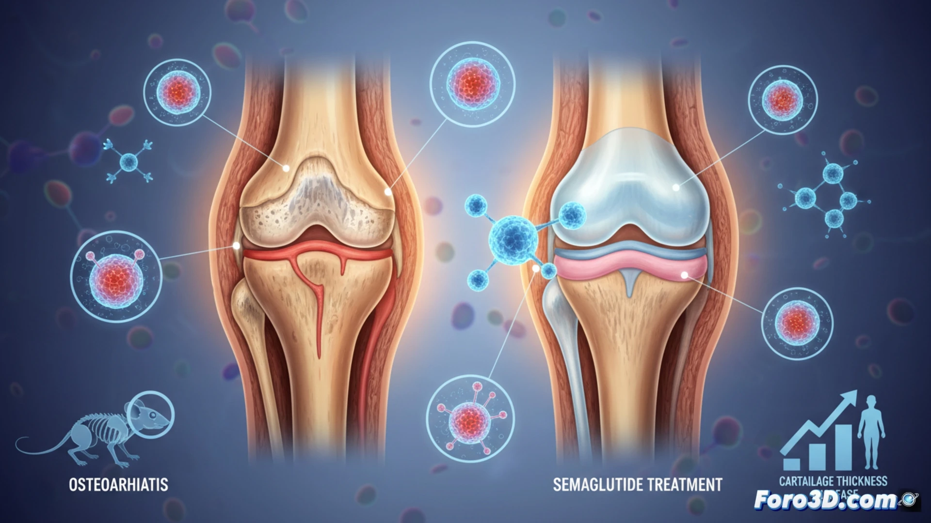 Imagen de una rodilla con osteoartritis, donde moléculas de semaglutida (esferas verdes) interactúan con el cartílago dañado, estimulando su regeneración y aumento de grosor.