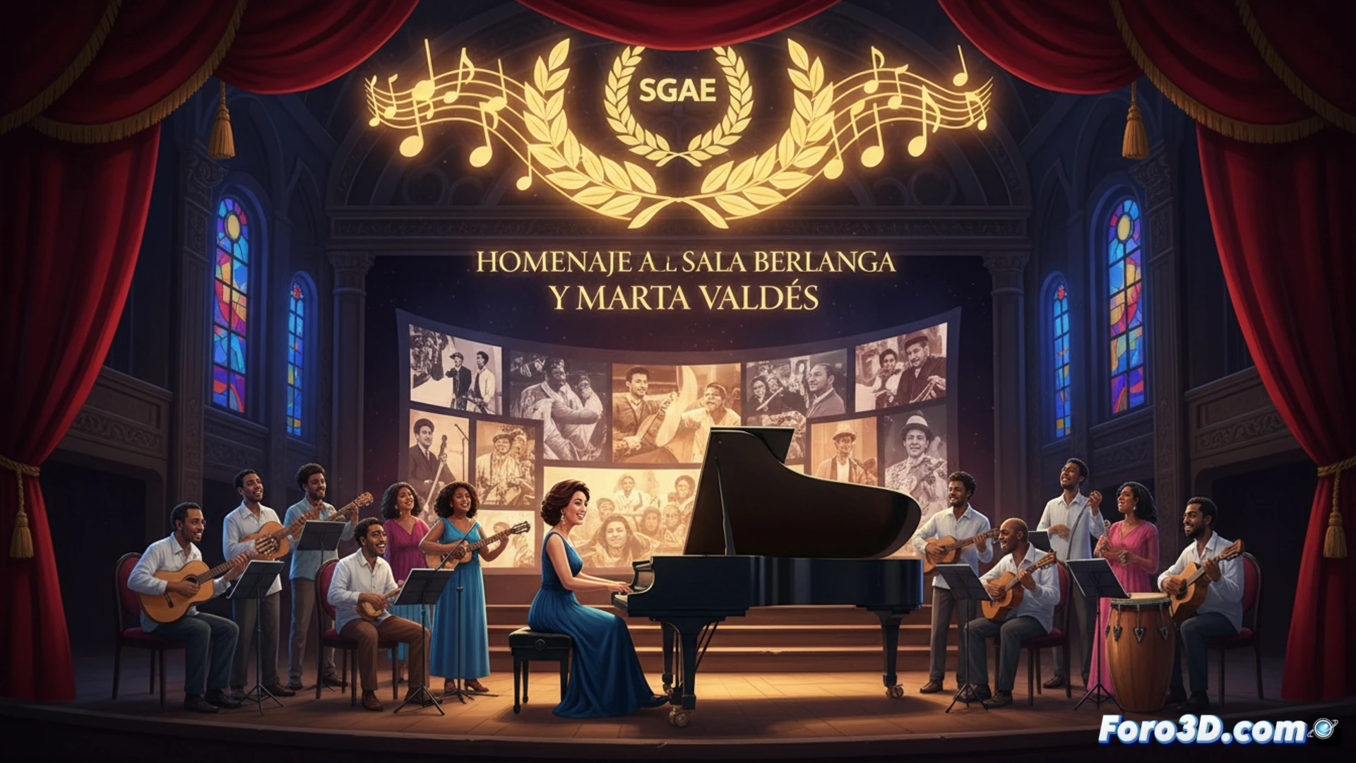 Elegante sala de conciertos, un piano en el escenario iluminado. En las paredes, proyecciones con retratos de la compositora cubana Marta Valdés y el logotipo de la Sala Berlanga, durante un emotivo homenaje.