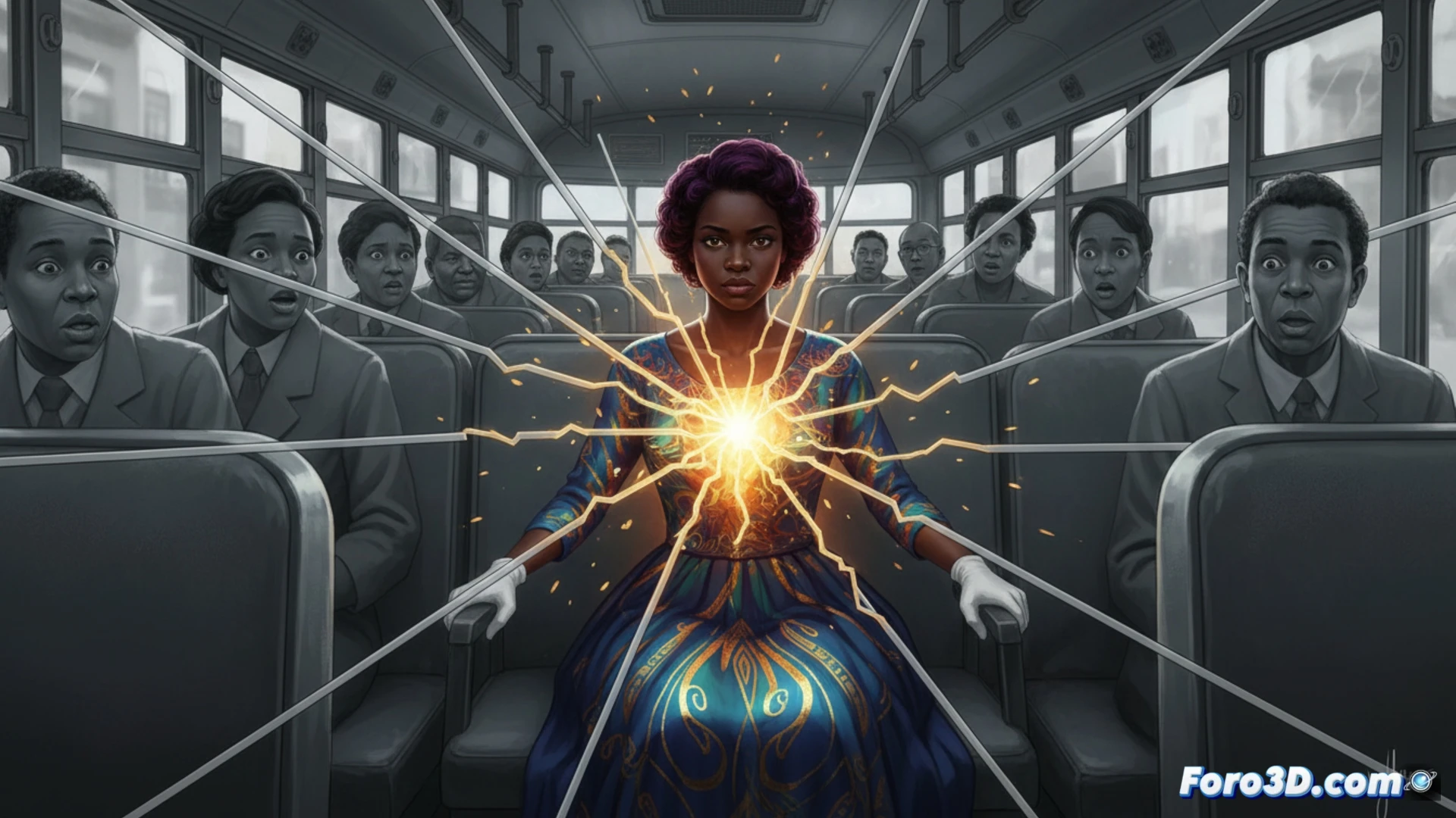 Fotograma de animación 3D que muestra a una joven con ropa colorida, Claudette, sentada en un asiento de autobús dentro de un entorno monocromático. A su alrededor, líneas geométricas grises y sólidas se materializan e intentan empujarla, mientras de su cuerpo emana una luz cálida que comienza a fracturar esas líneas.