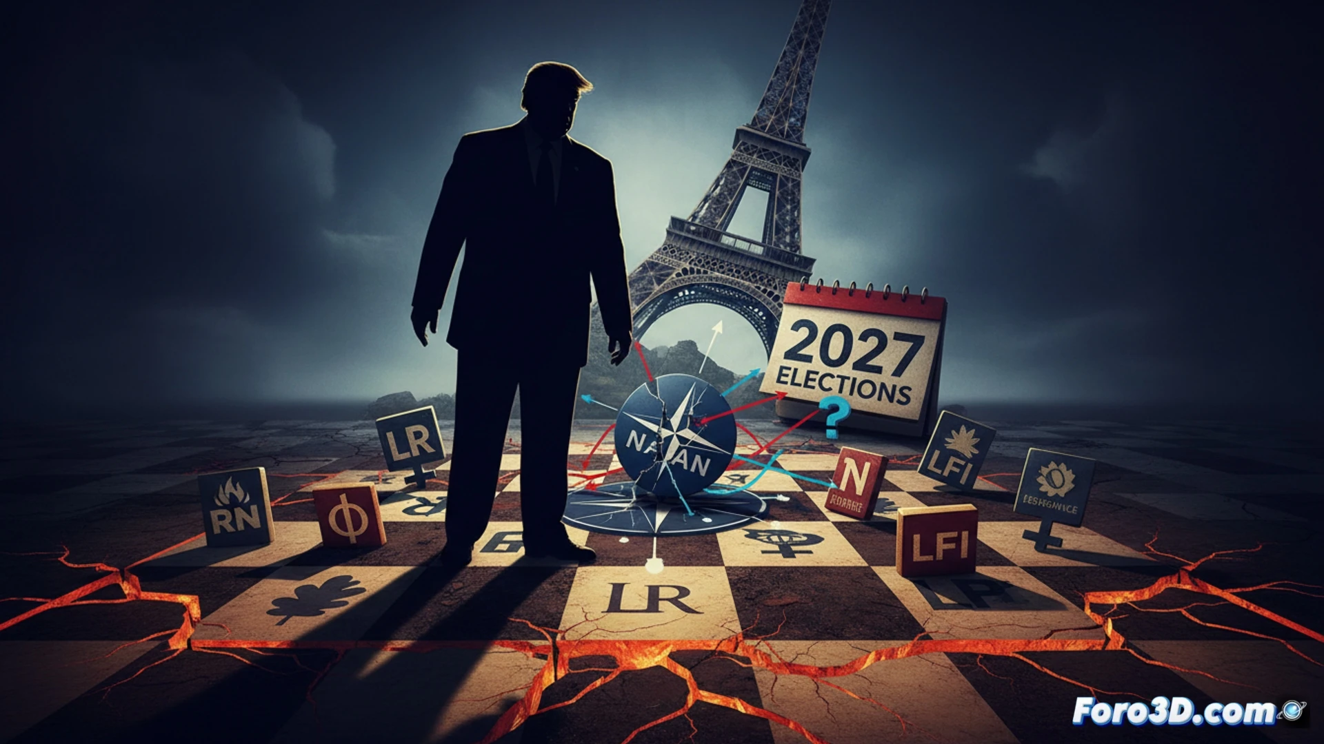 Un mapa de Francia con la sombra de Trump proyectándose sobre él, mientras figuras políticas locales observan y ajustan sus posiciones en un tablero de ajedrez.