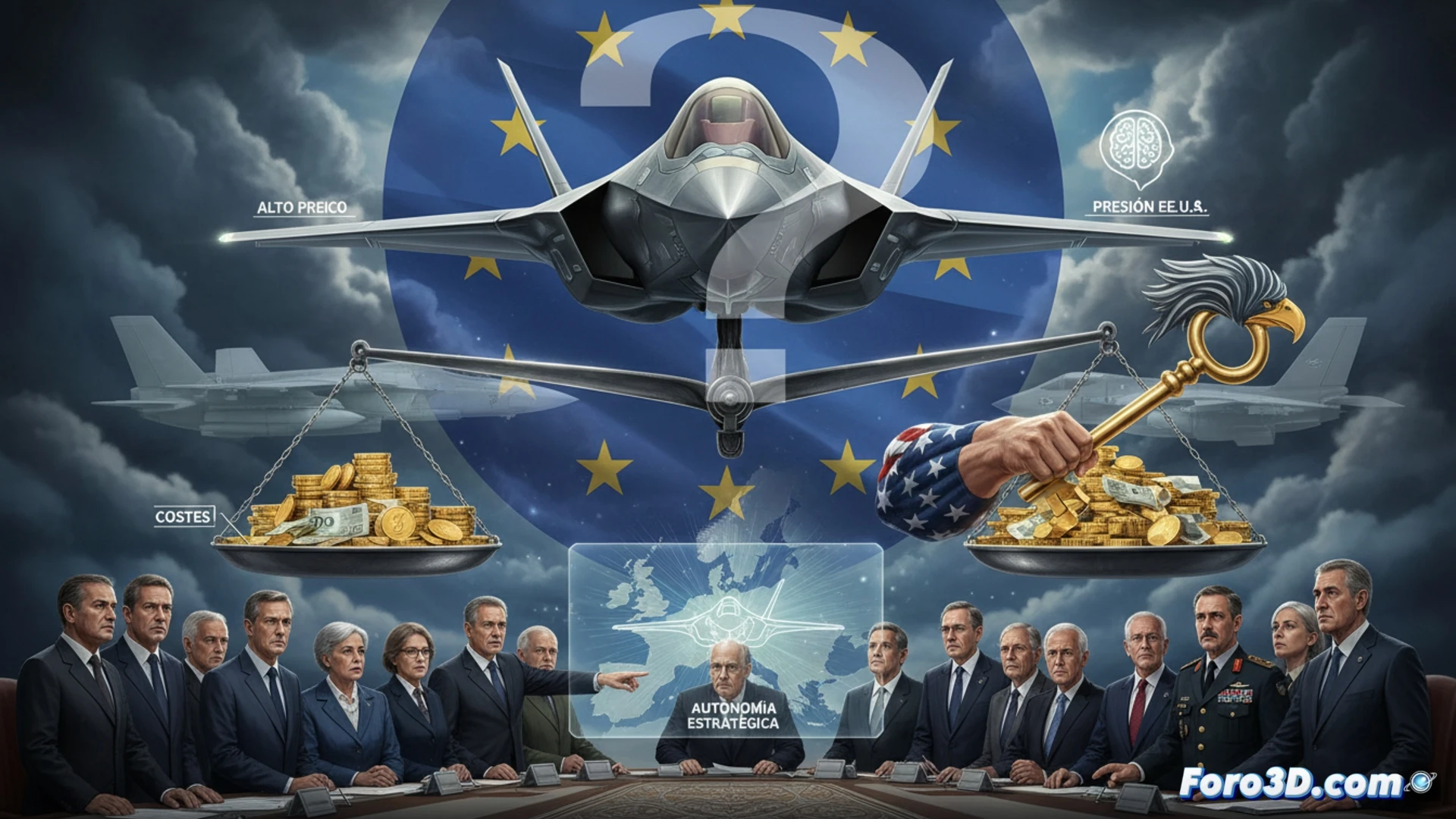 Un mapa de Europa con aviones F-35 sobrevolando. Flechas desde EE.UU. apuntan al continente, mientras símbolos de euro y engranajes chocan en el centro.