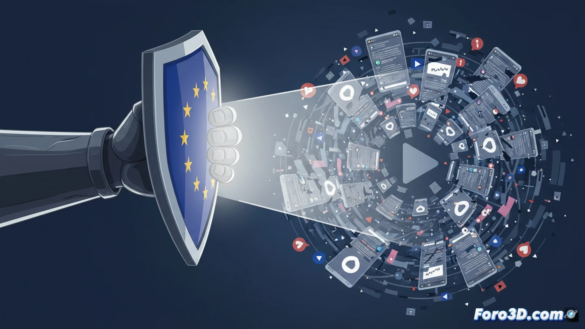 Un teléfono muestra el logo de TikTok, con cadenas que simbolizan el scroll infinito y un sello de investigación UE sobre él.