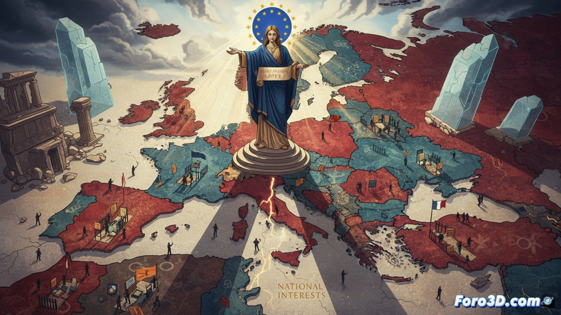 Un mapa de Europa fragmentado en piezas desiguales, cada país con un color y patrón distinto, sobre un fondo de bandera de la UE agrietada.