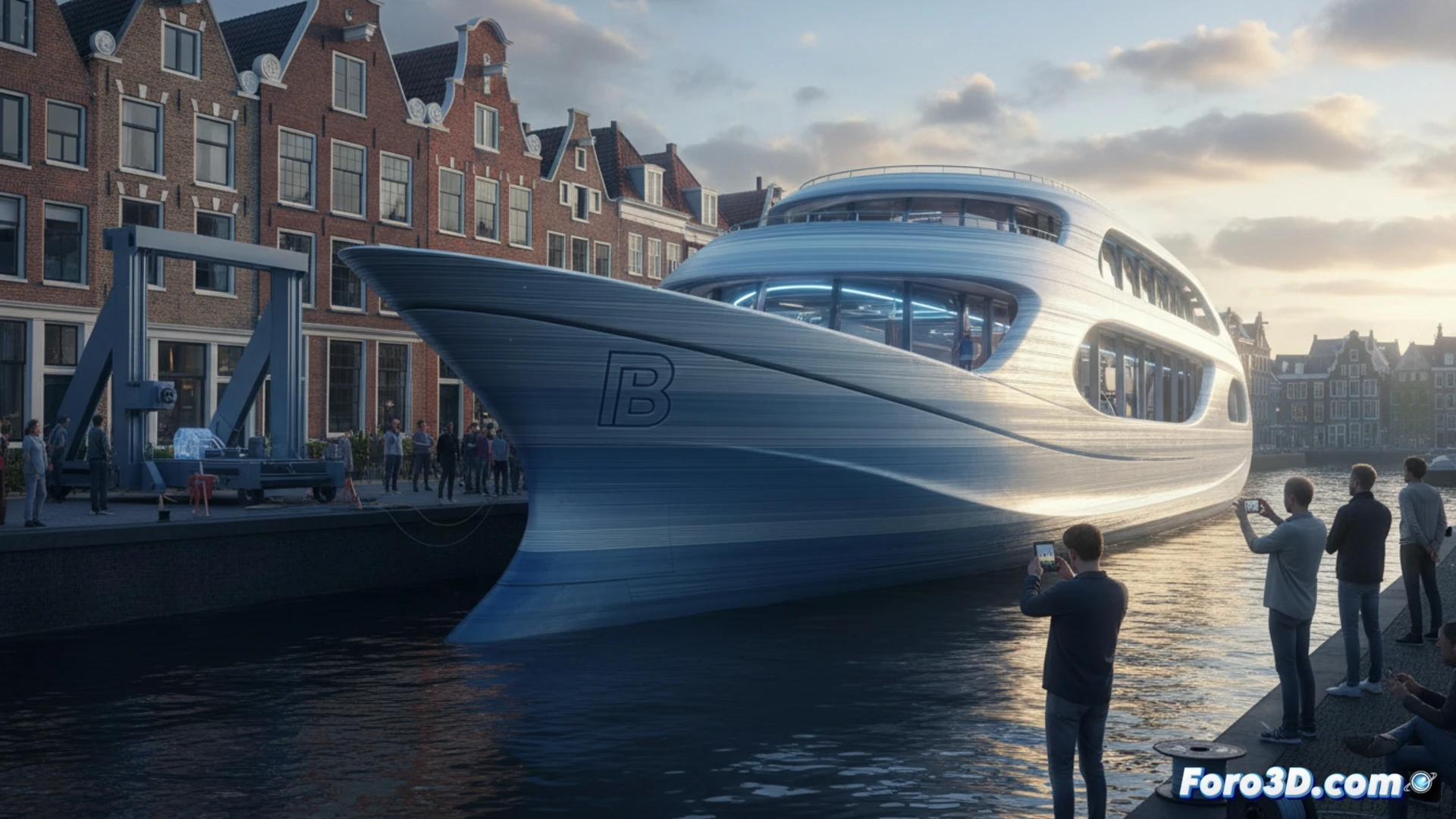 Un barco de diseño moderno, impreso en 3D con filamentos claros, flota en un canal holandés junto a sus creadores de la Universidad Bauhaus.