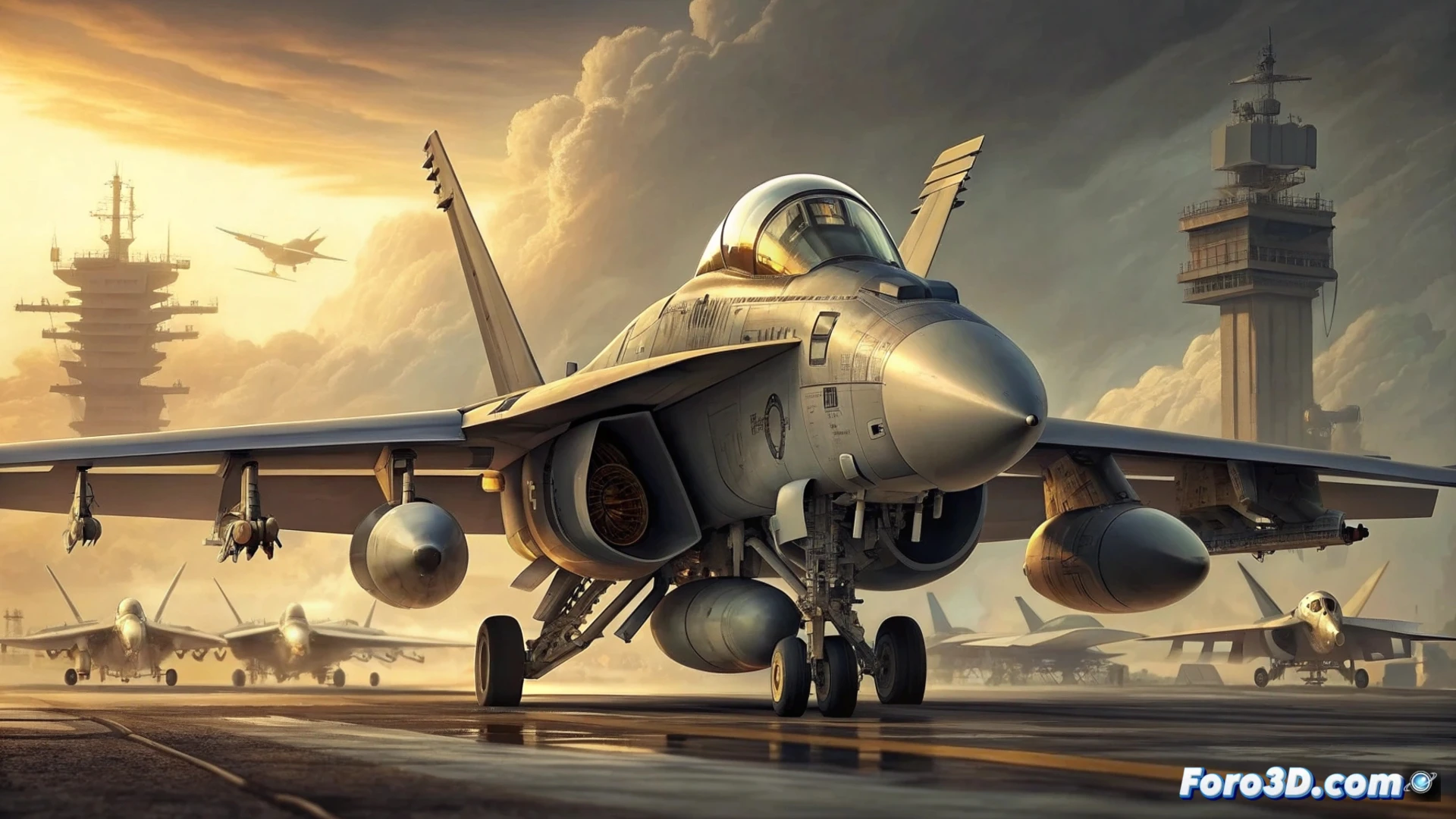 Un F/A-18 Super Hornet en vuelo, con una bomba StormBreaker bajo su ala, sobrevolando un paisaje nublado y montañoso.